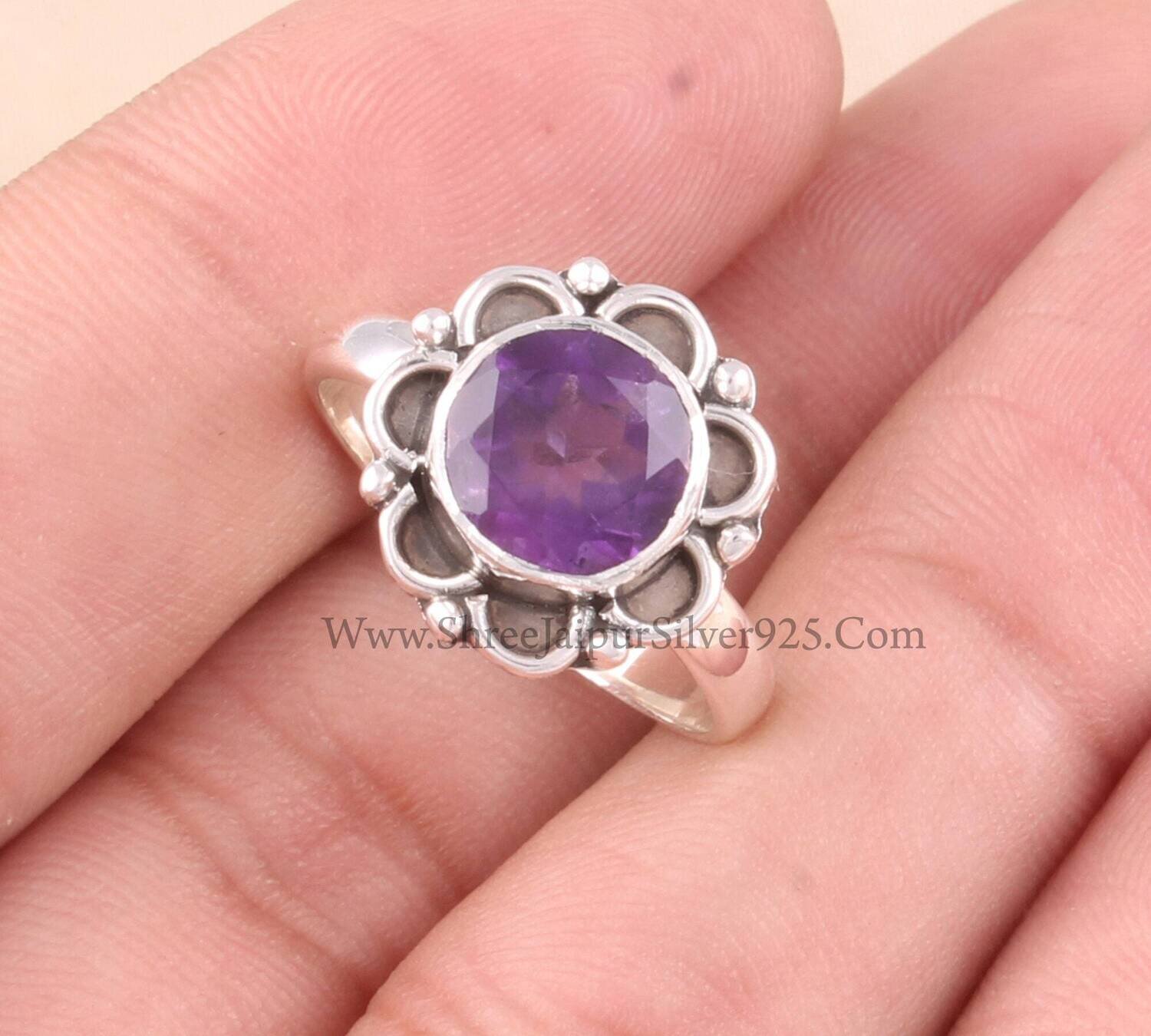 Natural Amethyst Round Cut Stone Solid 925 Sterling Silver Ring For Women, Handmade Silver Floral Designer Ring For Wedding Anniversary Gift