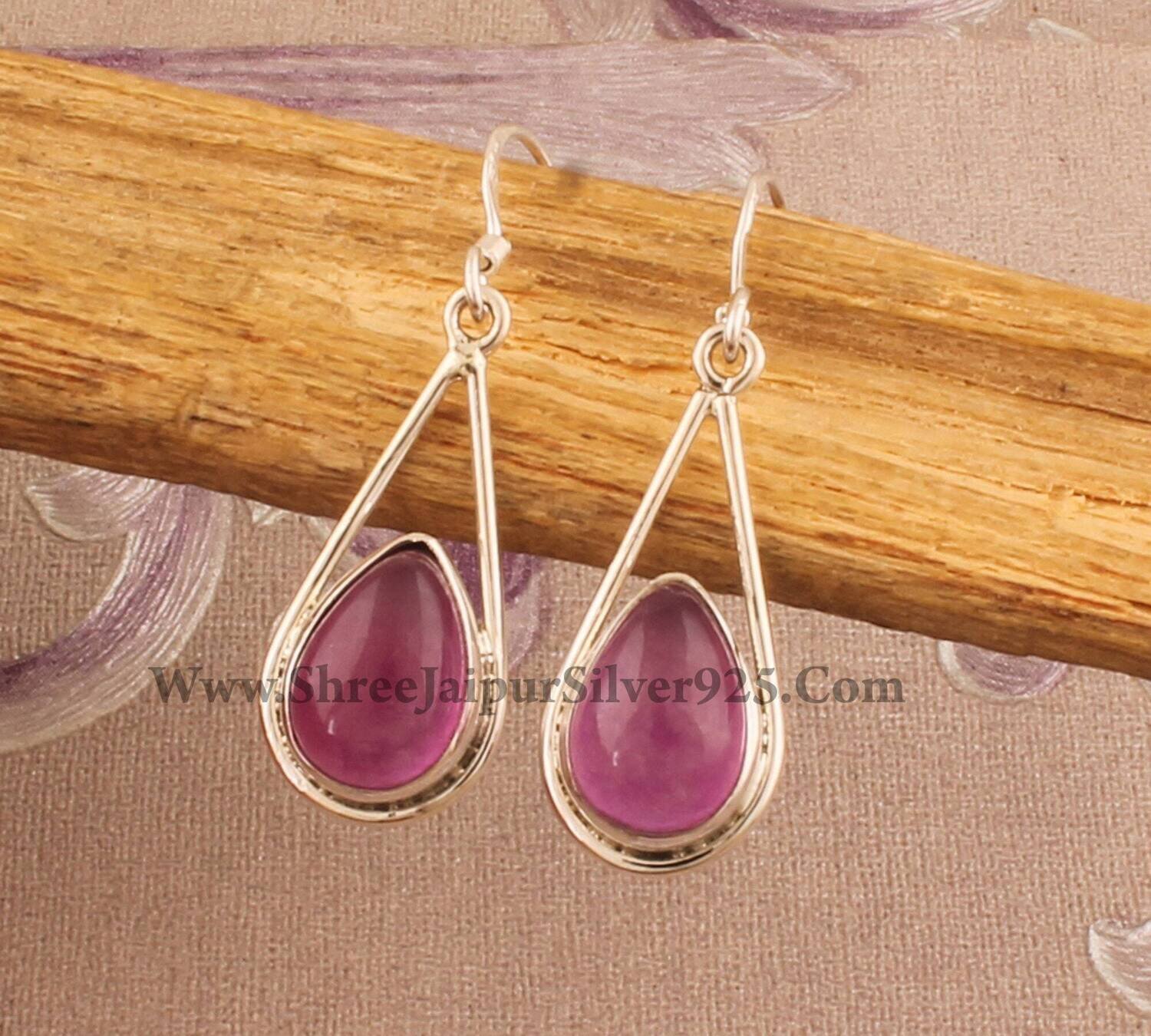 Purple Jade Pear Stone Solid 925 Sterling Silver Earrings For Women, Handmade Jade Boho Silver Earrings For Wedding Anniversary Gift Idea
