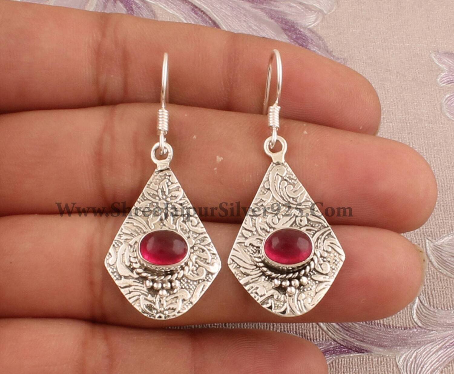 Boho Carved Silver Pink Jade Oval Shape Gemstone Earrings, Handmade 925 Sterling Silver Designer Earrings, Valentine's Day Gift Idea Jewelry