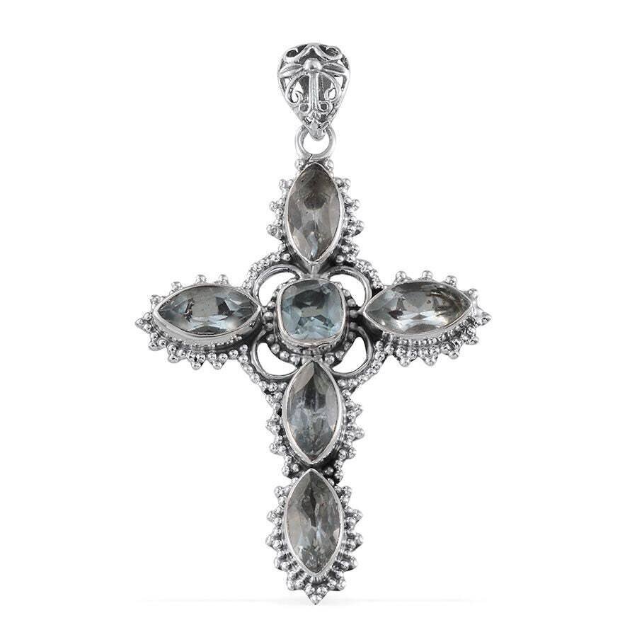 Cross Shape Pendant Christmas Gift Natural Blue Topaz Gemstone Pendant Solid 925-Sterling Silver Pendant Handcrafted With Boho Pendant