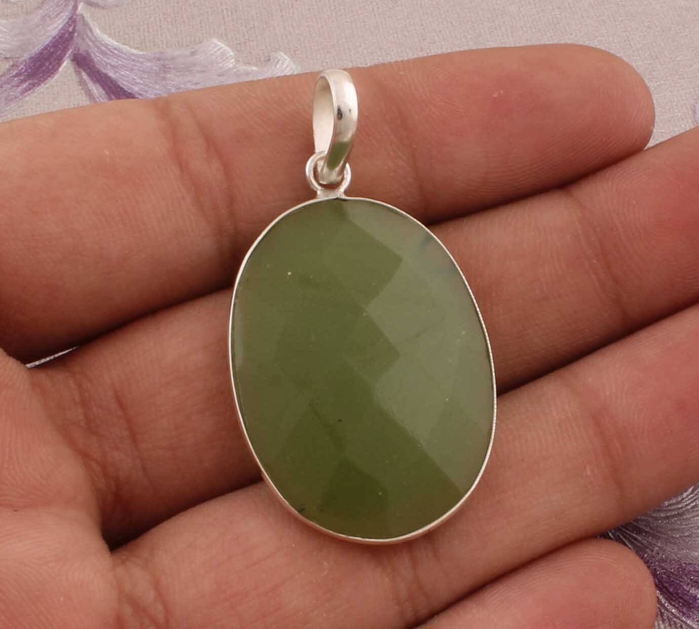 925 Sterling Silver Pendant For Women Natural Green Onyx Pendant Oval Faceted Cut Handmade Gemstone Silver Jewelry Anniversary Birthday Gift