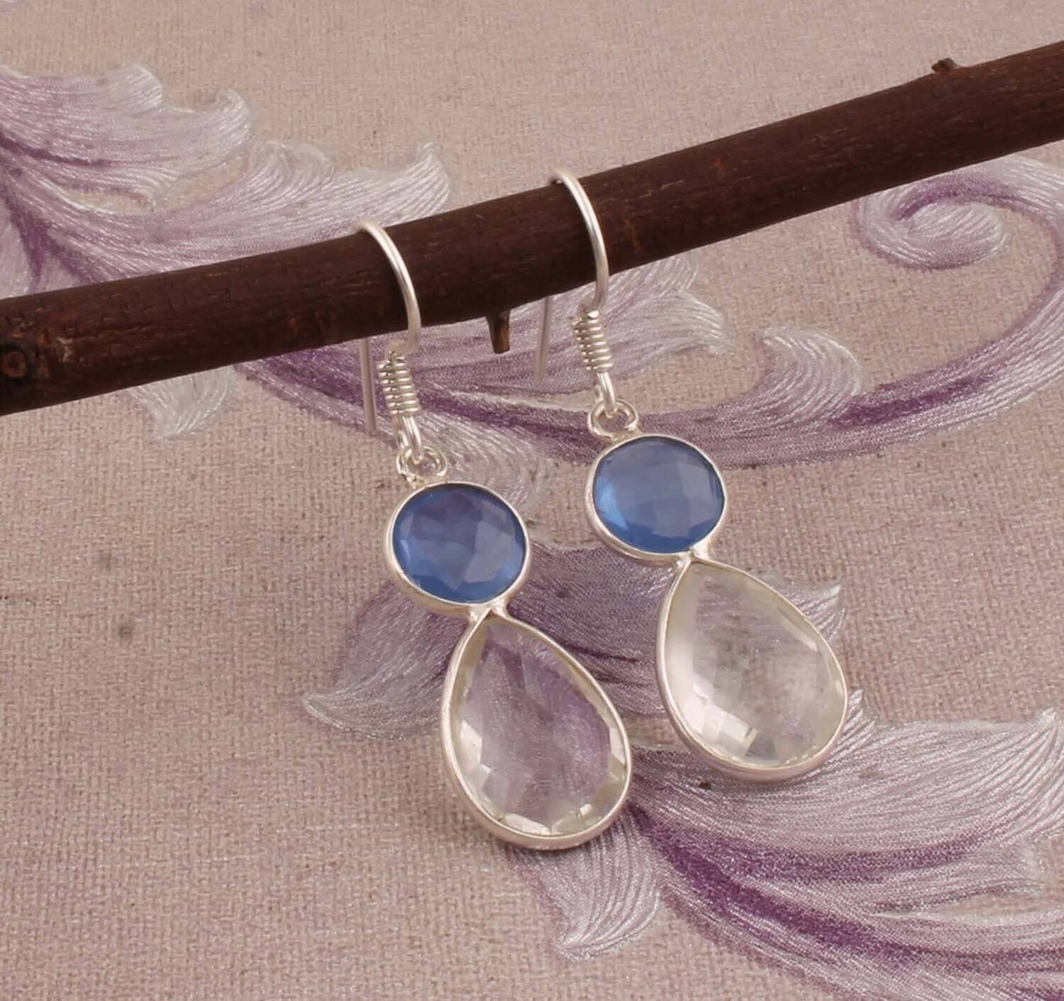 Combo Gemstone Earring Crystal+Blue Glass Gemstone Earring 925-Sterling Silver Earring Big Size Two Stone Earring Long Gift EarringCyber2021