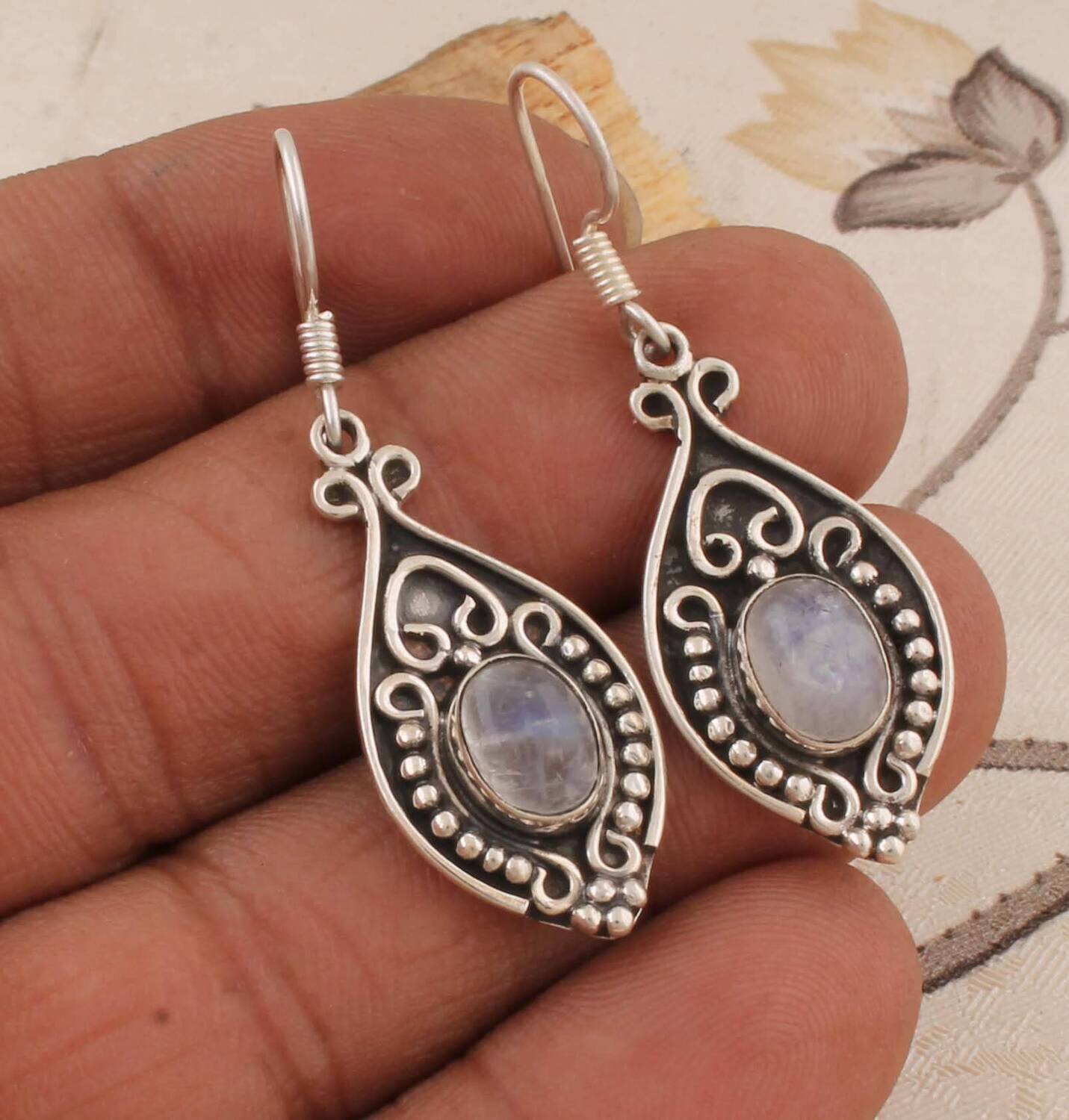 Natural Rainbow Moonstone Gemstone Earring - 925 Sterling Silver Earring, Wedding Gift For Her, Antique Silver Earring, Christmas Gift