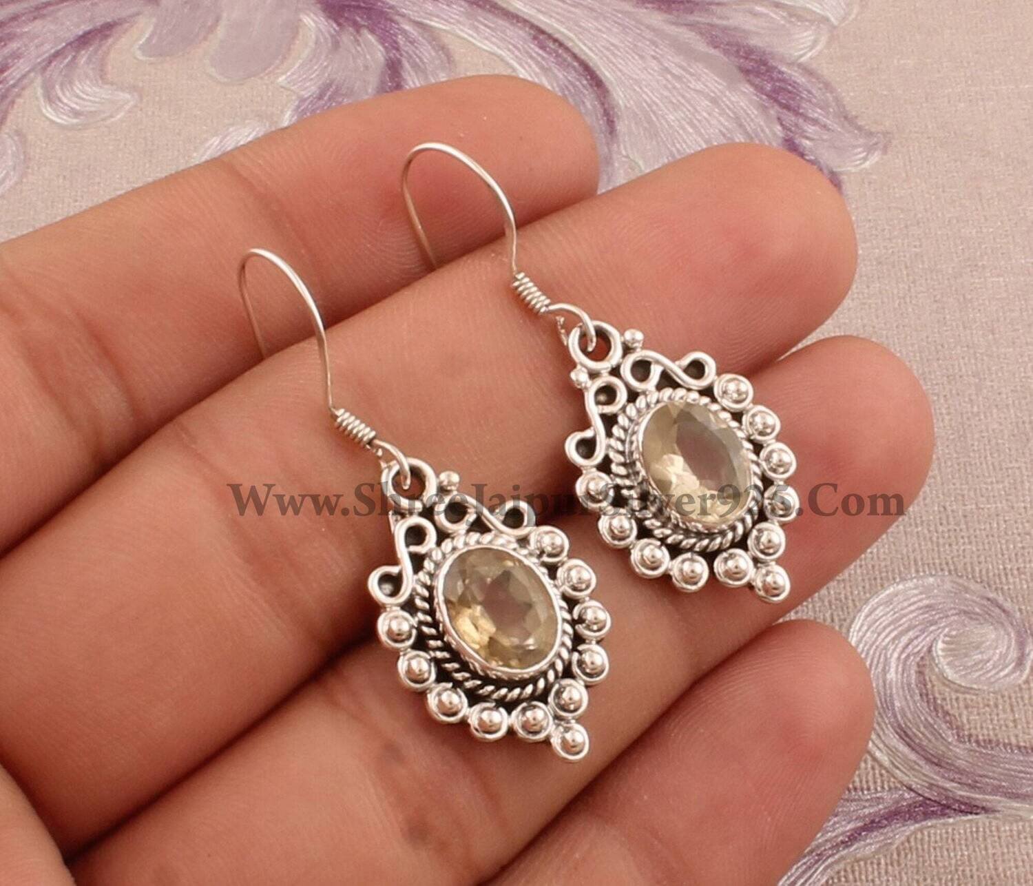 Silver,Solid Earring Natural Amazing Citrine Gemstone Earring 925-Silver Sterling Earring Handmade Earring (Simple Earring) Antique Silver