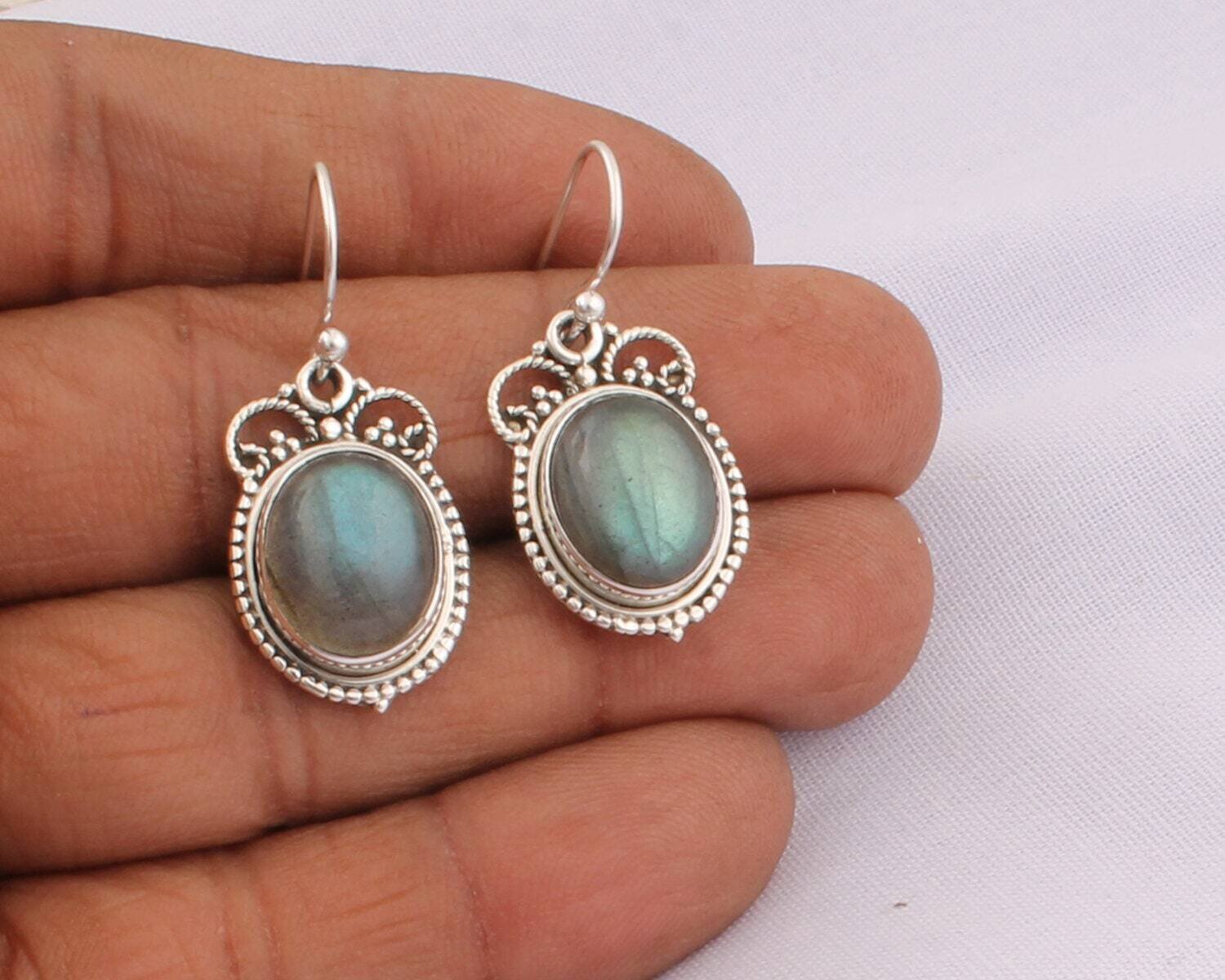 925 Sterling Silver Solid Labradorite Gemstone Earring, Cabochon Stone Handmade Jewelry, Oval Shape Designer Earring, Wedding Gift For Her