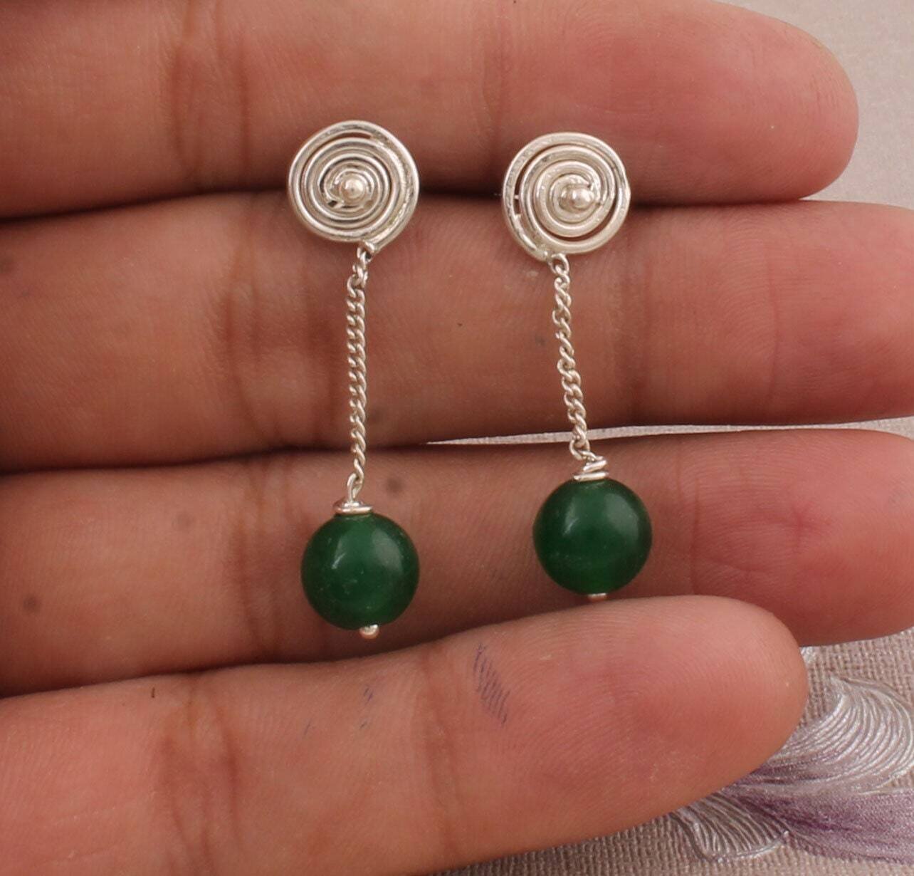Green Jade  Top Quality Gemstone Earring,Cabochon Stone Earring 925-Sterling Silver Earring, Antique Silver Earring, Women's Earring
