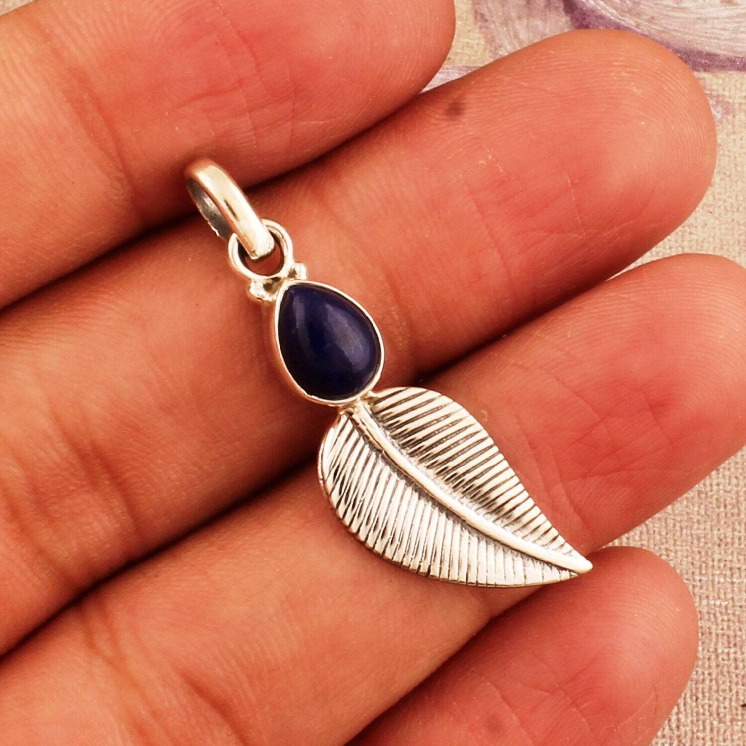 Leaf Solid 925 Sterling Silver Natural Lapis Lazuli Gemstone Necklace Pendent For Women Wedding Anniversary Gifts IdeaBirthstone