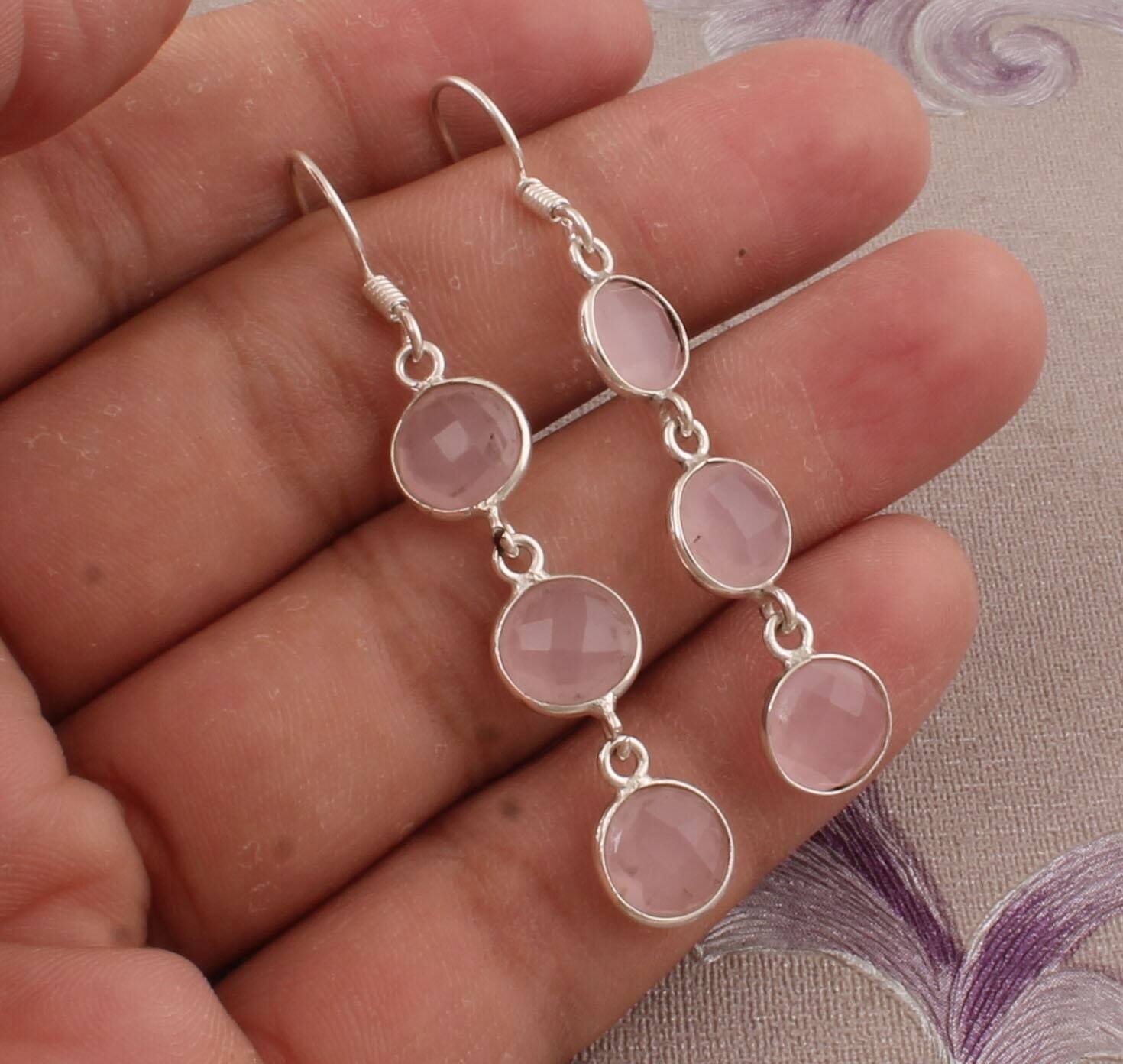 Amazing Rose Quartz Top Quality Gemstone Earring 925-Sterling Solid Silver Earring,Three Stone Earring Long Earring October Birth Earring