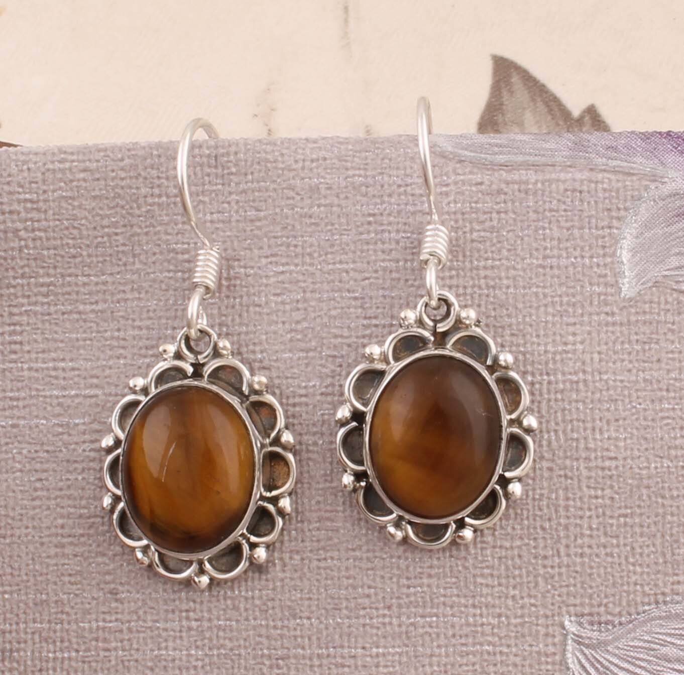 Natural Amazing Tiger-Eye AAA+Quality Gemstone Earring Top Rare Stone Boho Earring 925-Antique Silver Earring,Wedding Earring Gift For Her
