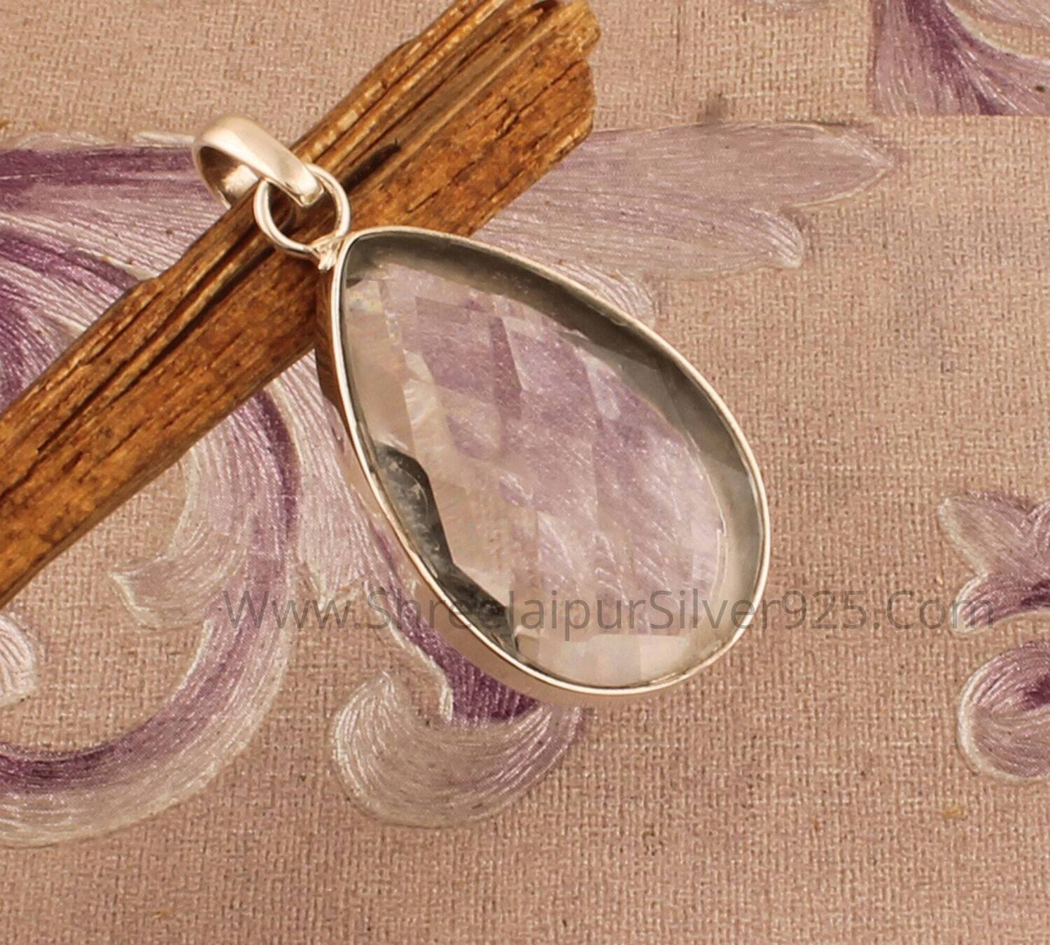 Crystal Quartz Faceted Pear Solid 925 Sterling Silver Necklace Pendant For Women, Handmade Silver Pear Pendant For Wedding Anniversary Gift