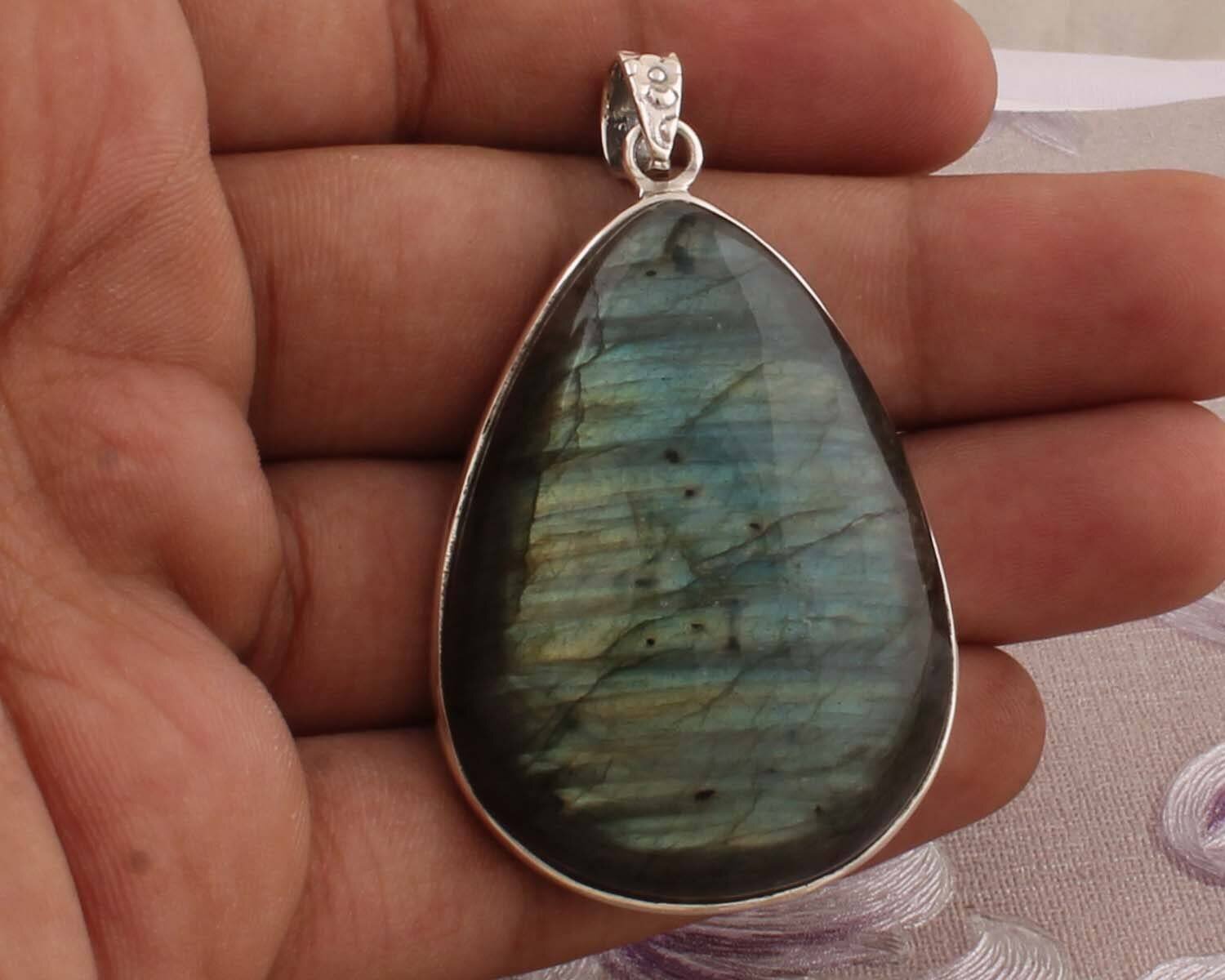 Top Quality Labradorite Gemstone Pendant Pear Cabochon Fire Stone Pendant,Big Size Pendant,Opaque Stone Pendant 925-Sterling Silver Pendant