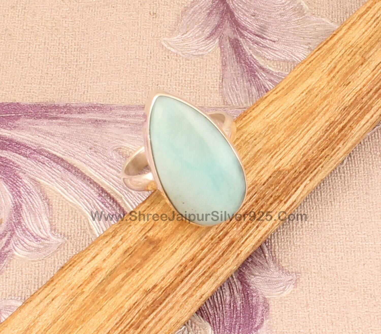 Natural Larimar Pear Shape Gemstone Ring, Designer Handmade Wedding Jewelry, 925 Sterling Silver Gemstone Ring, Engagement Ring Gift Idea