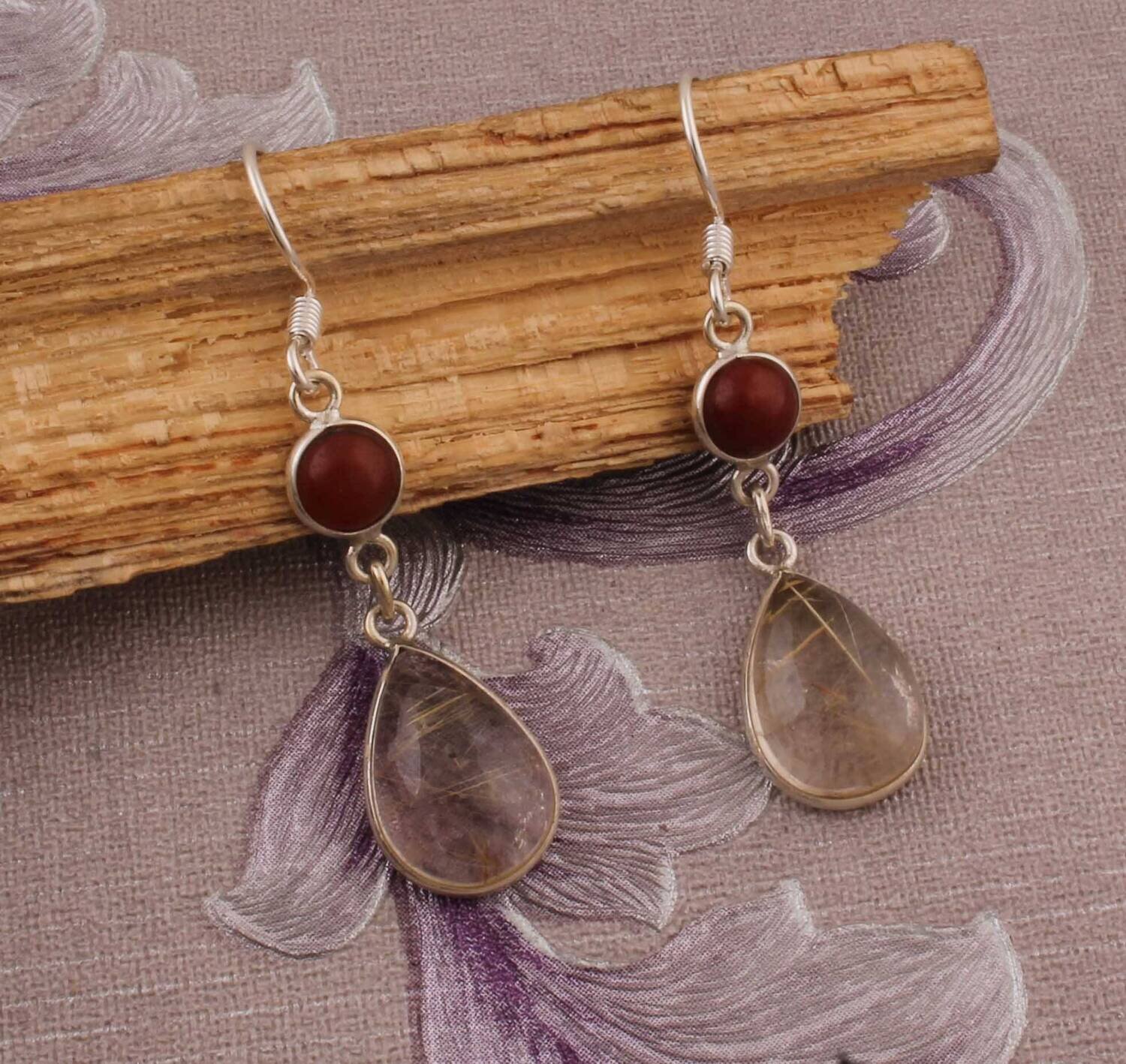 Gemstone Earring Red Onyx+Golden Rutile Gemstone Earring 925-Sterling Silver Earring Big Size Earring  One-Of-Kind ItemCyber2021Birthstone