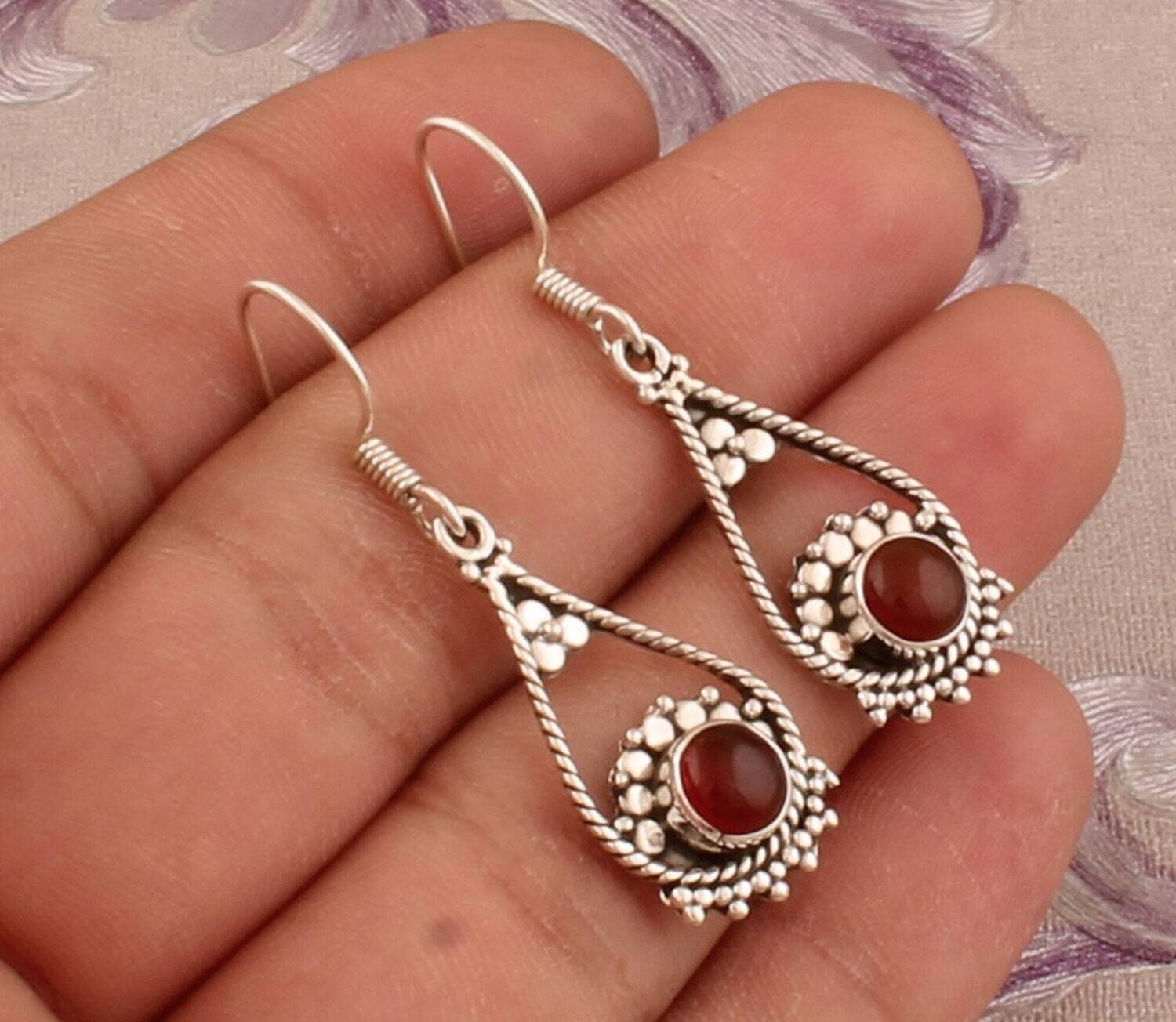 925 Sterling Silver Red Onyx Gemstone Earrings, Designer Handmade Flower Silver Earrings Valentines Day Gift Women Earrings, Etsy Cyber 2021