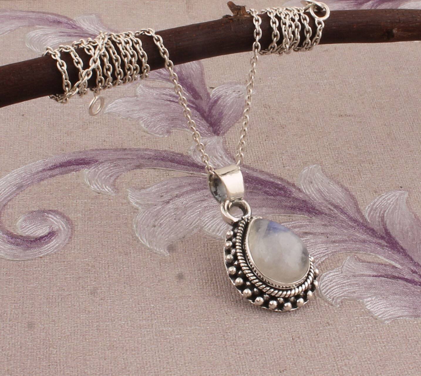 Natural Rainbow Moonstone Pendant 925 Sterling Silver Pendant For Women 925 Silver White Pear Shape Handmade Gemstone Pendant Birthday Gifts