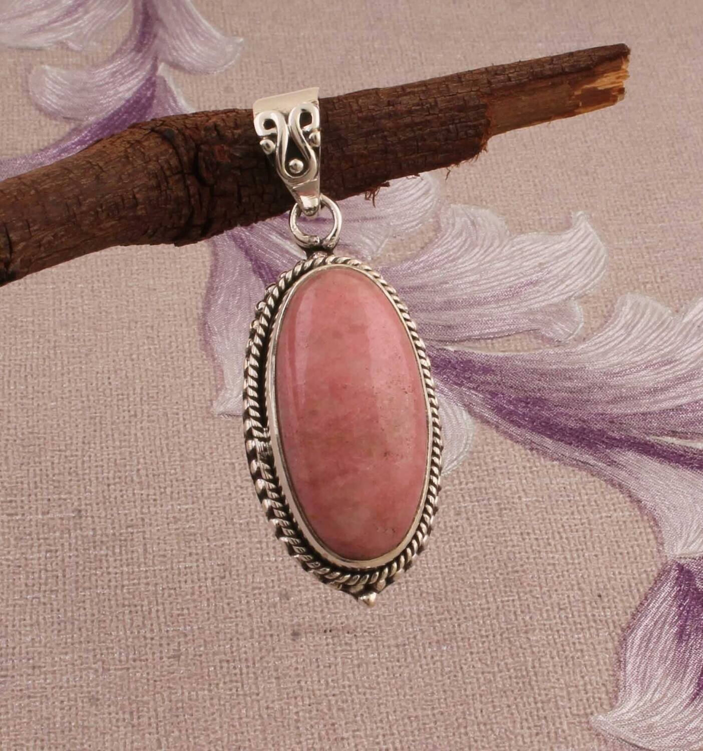 Natural Thulite Solid 925 Sterling Silver Necklace Pendant For Women, Handmade Boho Silver Oval Stone Pendant For Wedding Anniversary Gift