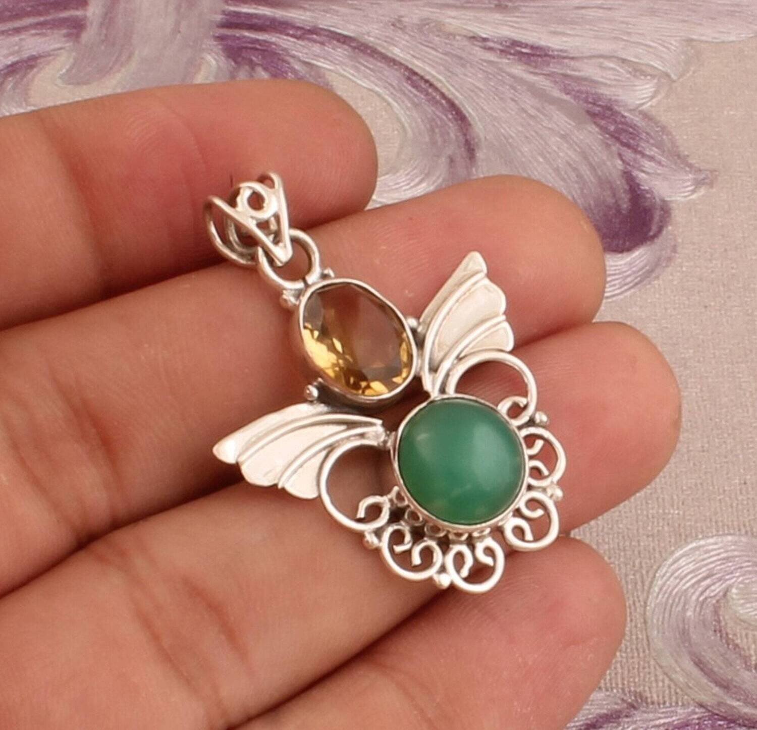 Citrine &amp; Chrysoprase Silver Pendant, 925 Sterling Silver Pendant, Two Gemstone Pendant, Designer Feather Pendant, Handmade Christmas Gift