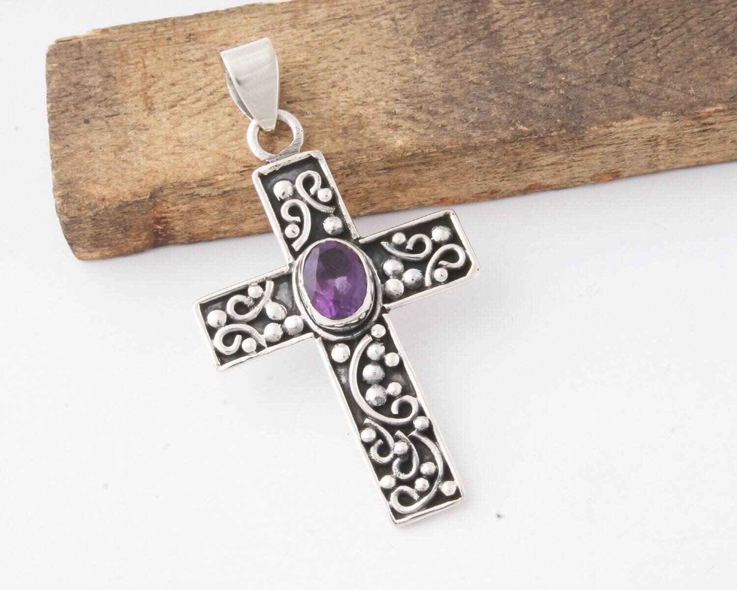 925 Sterling Silver Cross Pendant For Women Natural Amethyst Pendant Purple Oval Handmade Gemstone Pendant Antique Silver Art Deco Mom Gifts