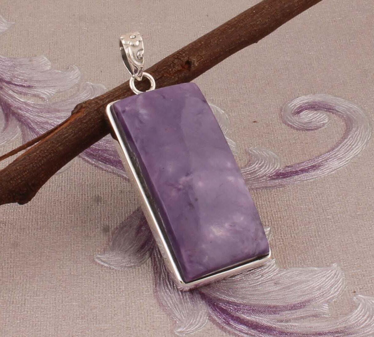 925 Sterling Silver Pendant For Women Natural Charoite Pendant Purple Rectangle Handmade Gemstone Bridal Pendant 925 Silver Jewelry Mom Gift