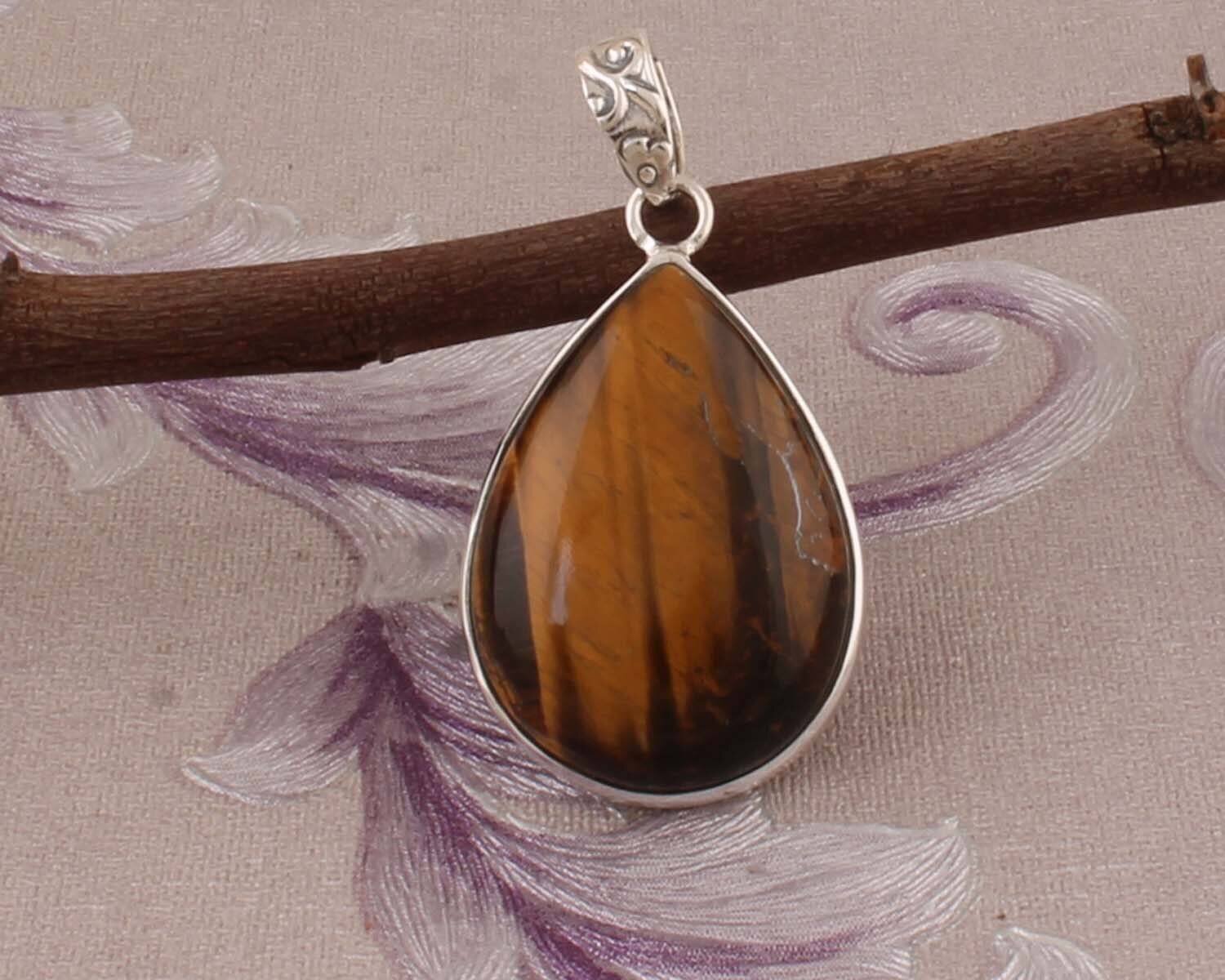 Top Quality Tiger-Eye Gemstone Pendant Pear Cabochon Stone Pendant,Big Size Pendant,Opaque Stone Pendant 925-Sterling Silver Pendant
