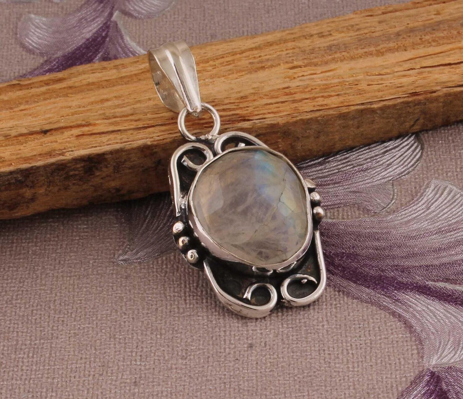 Natural Rainbow Moonstone Solid 925 Sterling Silver Pendant Necklace For Women Boho Handmade Moonstone Oval Necklace For Wedding Anniversary