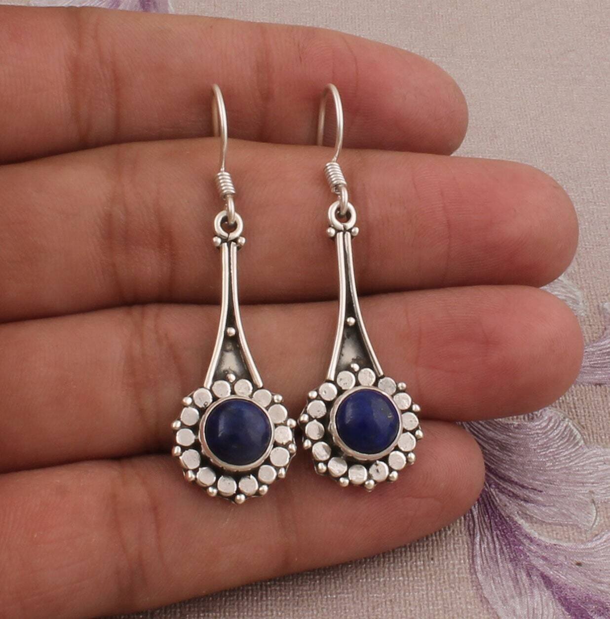 Beautiful Lapis Earrings, 925-Sterling Silver Dangle Earrings, Round AAA+Quality Gemstone Earring, Adorable, Rustic, Antique Silver Earring
