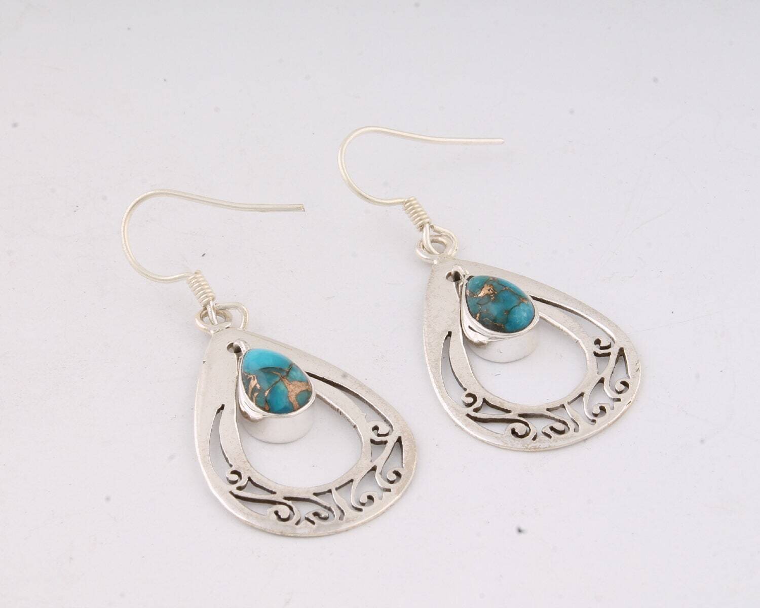 Solid 925 Sterling Silver Earring With Composite Turquoise Gemstone !!Antique Silver !1Jali Work !!Handmade Earring!!Bestseller2021Etsy