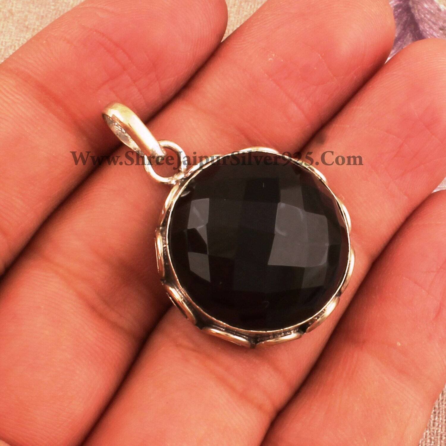 Natural Black Onyx 925 Sterling Silver Necklace Pendant For Women, Faceted Onyx Round Wedding Pendant Solid Silver Engraved Pendant For Gift