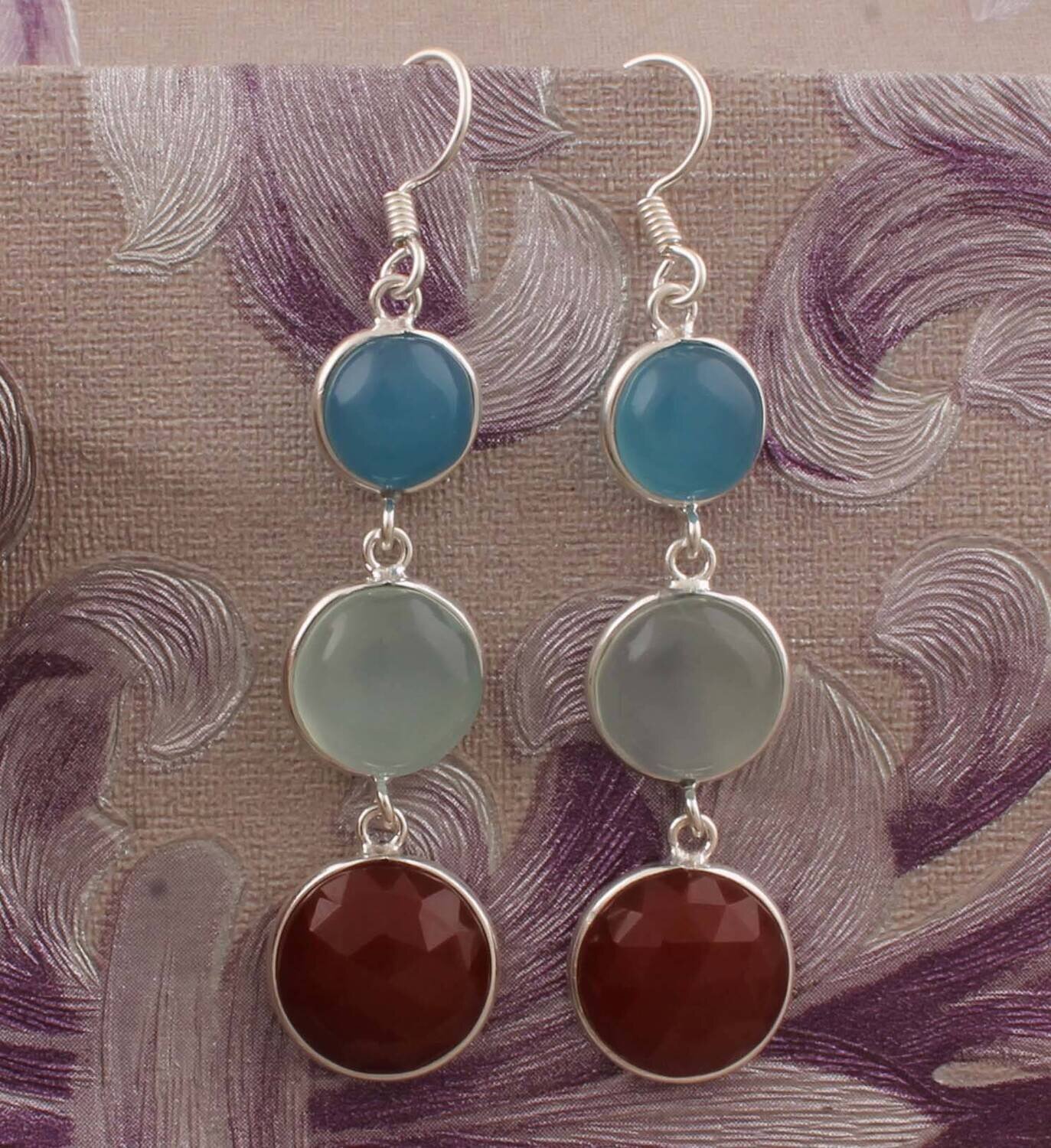 Combo Gemstone Earring Blue Jade+Aqua Calci+Red Onyx Stone Earring 925-Sterling Solid Silver Earring,Three Stone Earring Long Earring