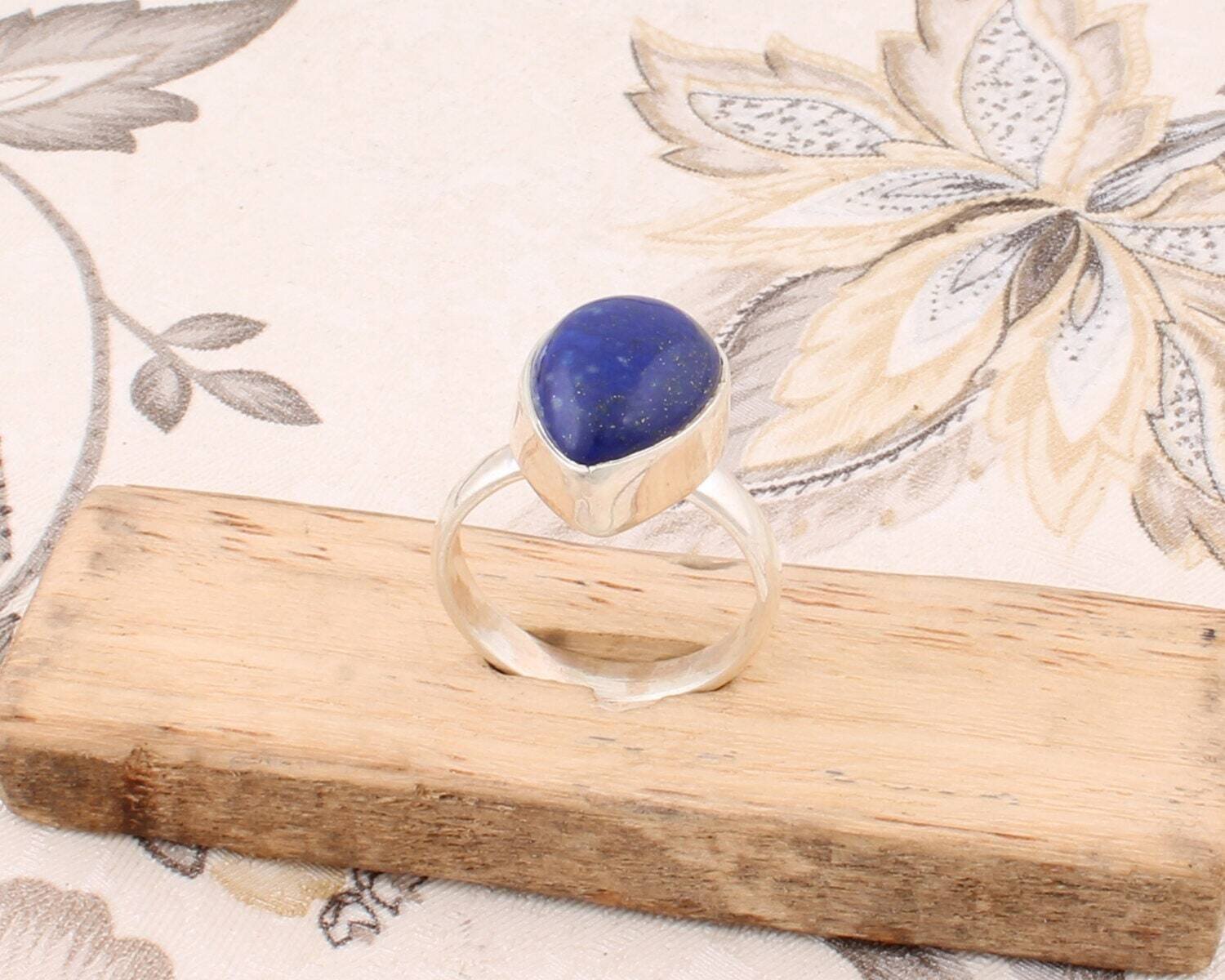 Natural Lapis Lazuli Gemstone Ring, 925 Sterling Solid Silver Ring, Cabochon Opaque Stone Boho Ring, Handmade Gemstone Ring, Gift For Mom