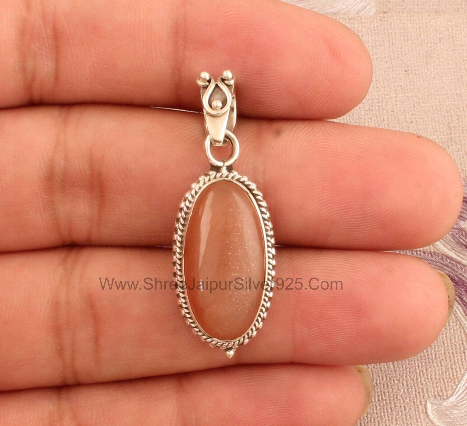 Natural Peach Moonstone Solid 925 Sterling Silver Necklace Pendant For Women, Handmade Oval Stone Pendant For Wedding Anniversary Gift Idea