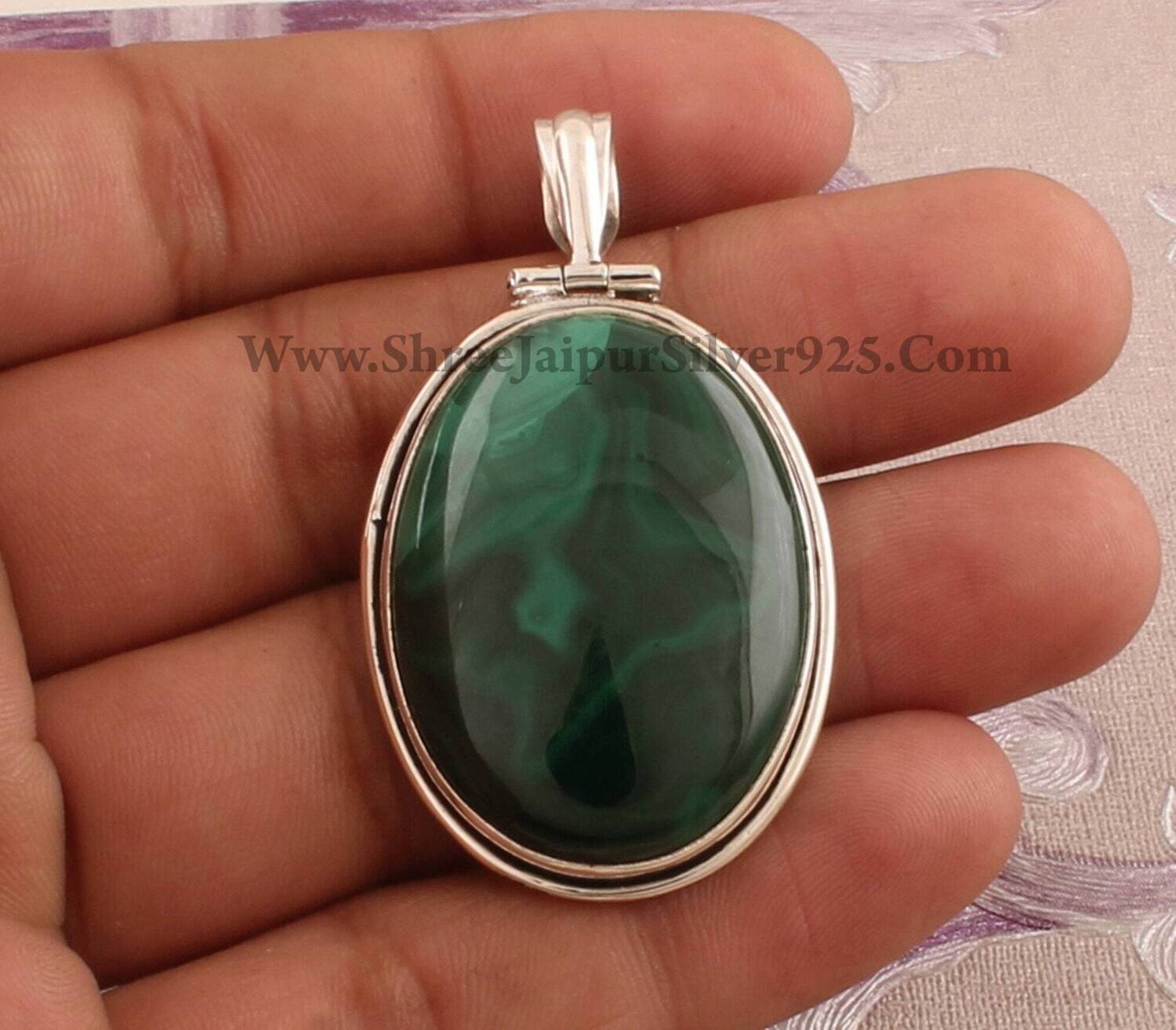 Natural Malachite Gemstone Necklace,Oval Top Quality Cabochon Necklace 925-Sterling Silver Necklace For Women,Long Pendant Necklace