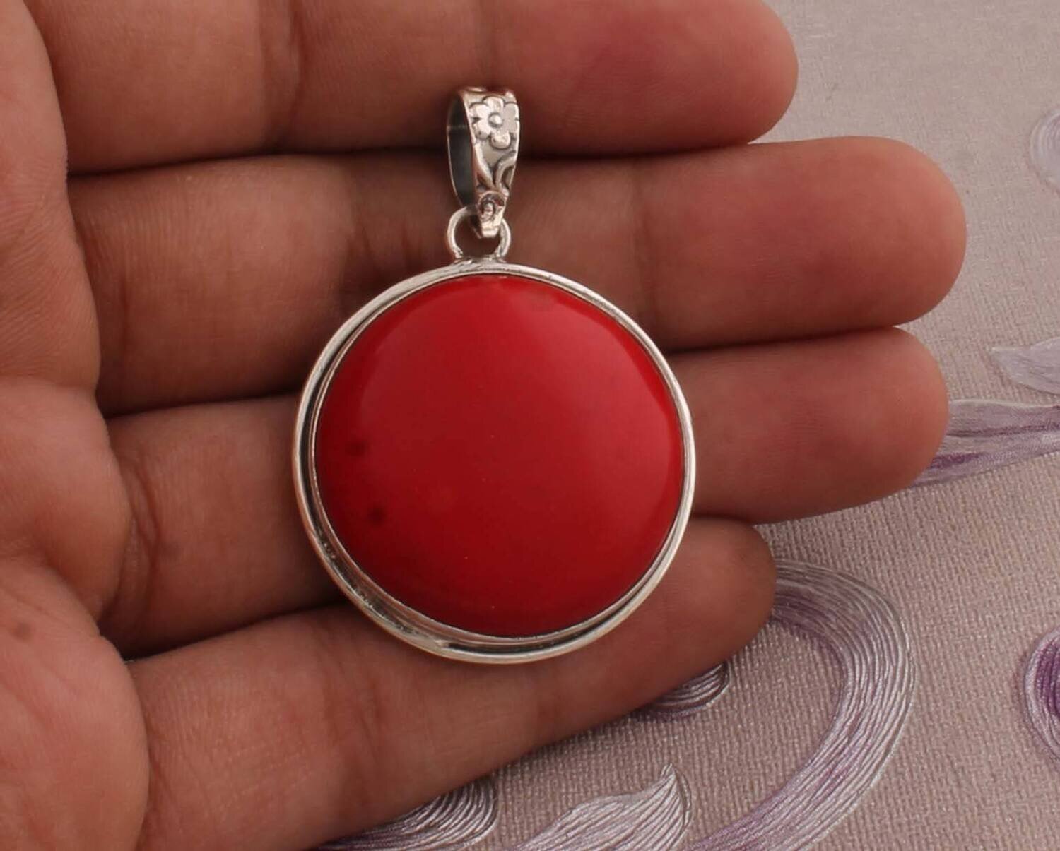 Beautiful Moonga Gemstone Pendant Round Cabochon Stone Pendant,Big Size Pendant,Opaque Stone Pendant 925-Sterling Silver Pendant