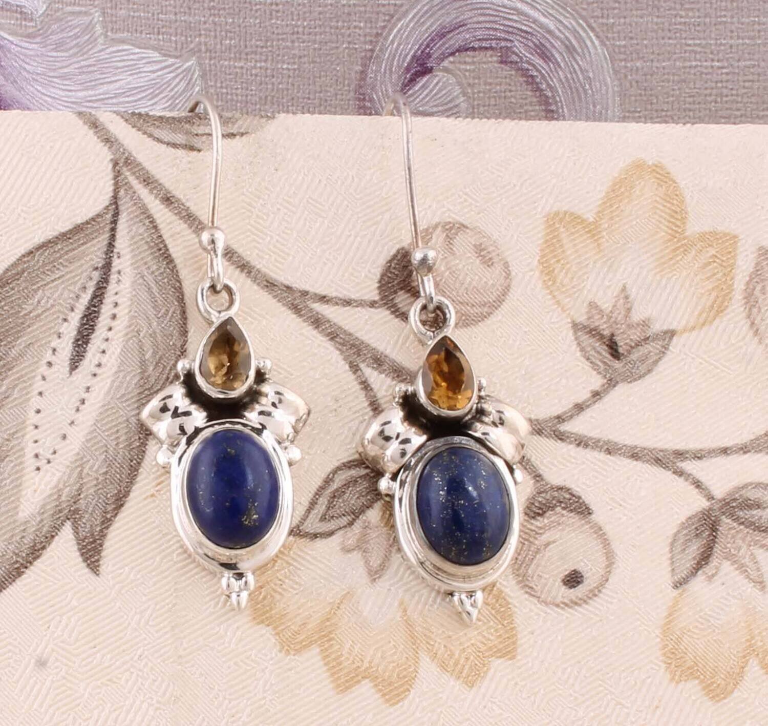 Natural Lapis+Citrine AAA+Quality Gemstone Earring Cut &amp; Cabochon Stone Boho Earring 925-Antique Silver Earring,Wedding Earring Gift For Her