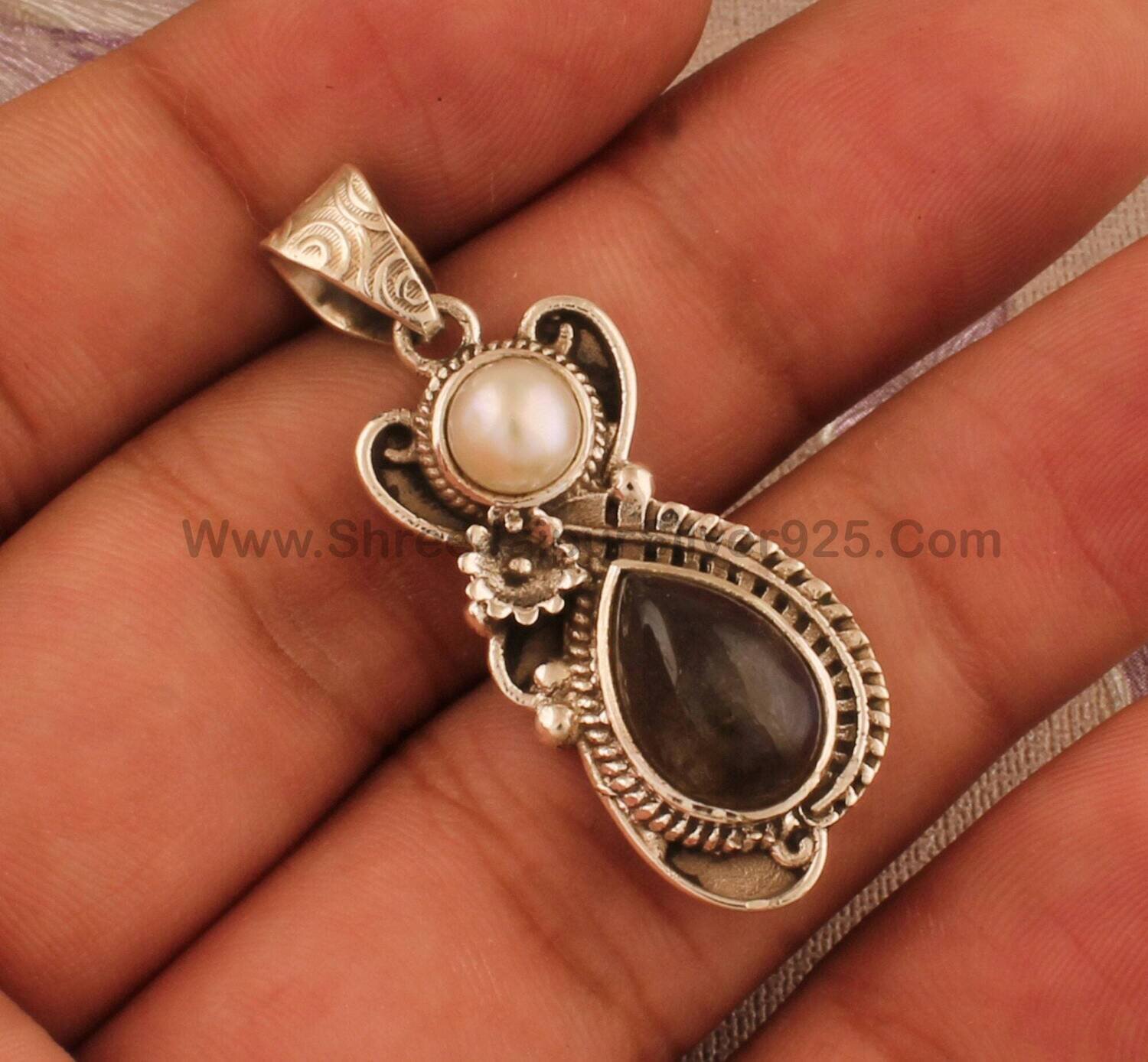 Bridal Pearl &amp; Labradorite Solid 925 Sterling Silver Necklace Pendant For Women, Handmade Engraved Designer Pendant For Wedding Anniversary