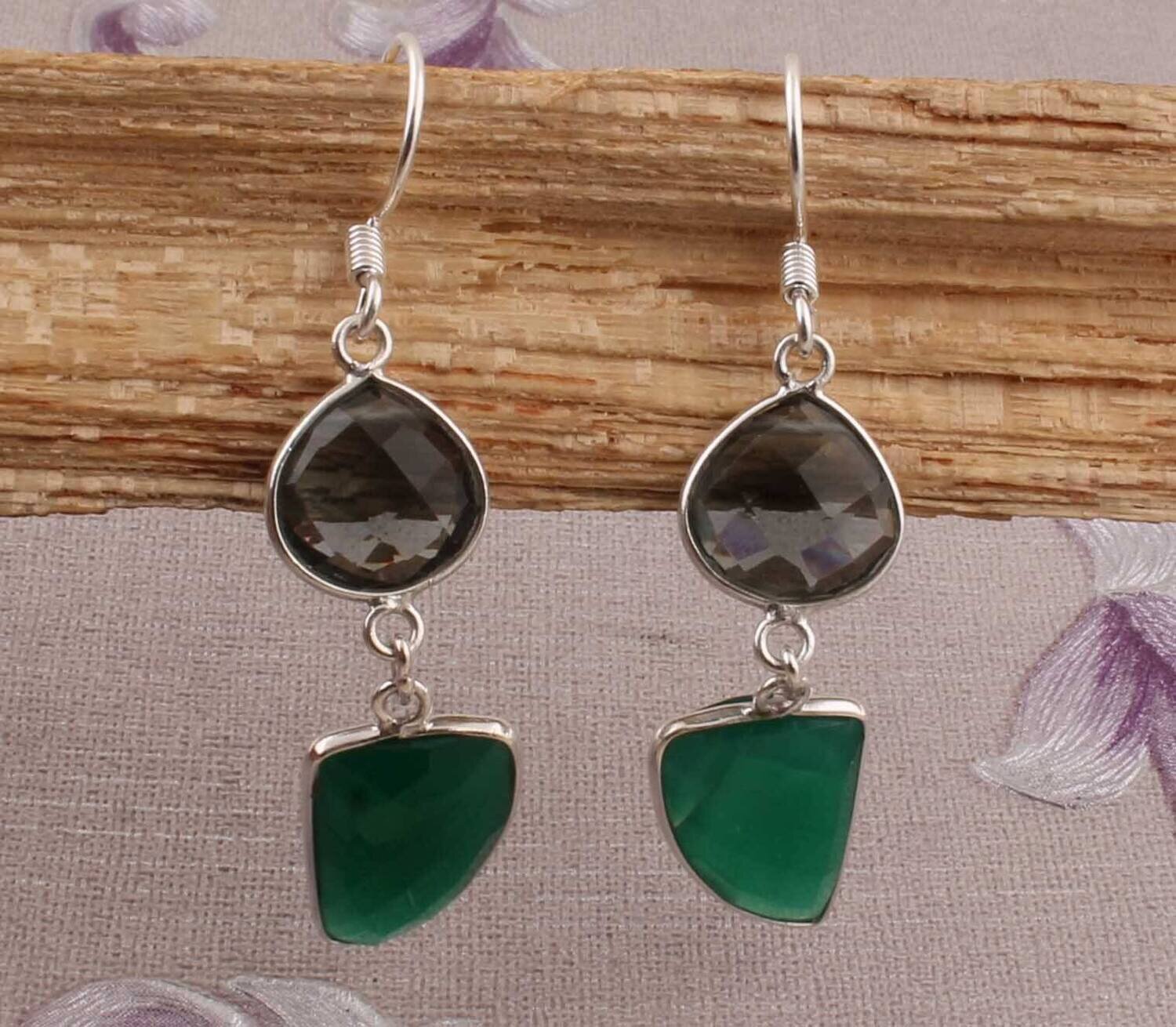 Combo Gemstone Earring Blue Topaz+Green Onyx Gemstone Earring 925-Sterling Silver Earring Big Size Two Stone Earring Gift For Her Earring