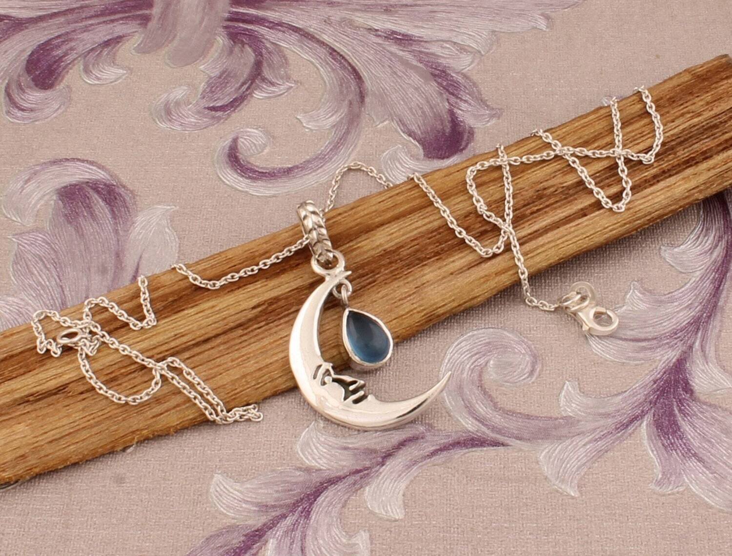 Carved Face Crescent Moon Silver Pendant Necklace For Anniversary, 925 Sterling Silver Blue Chalcedony Necklace For Women Wedding Gift Idea