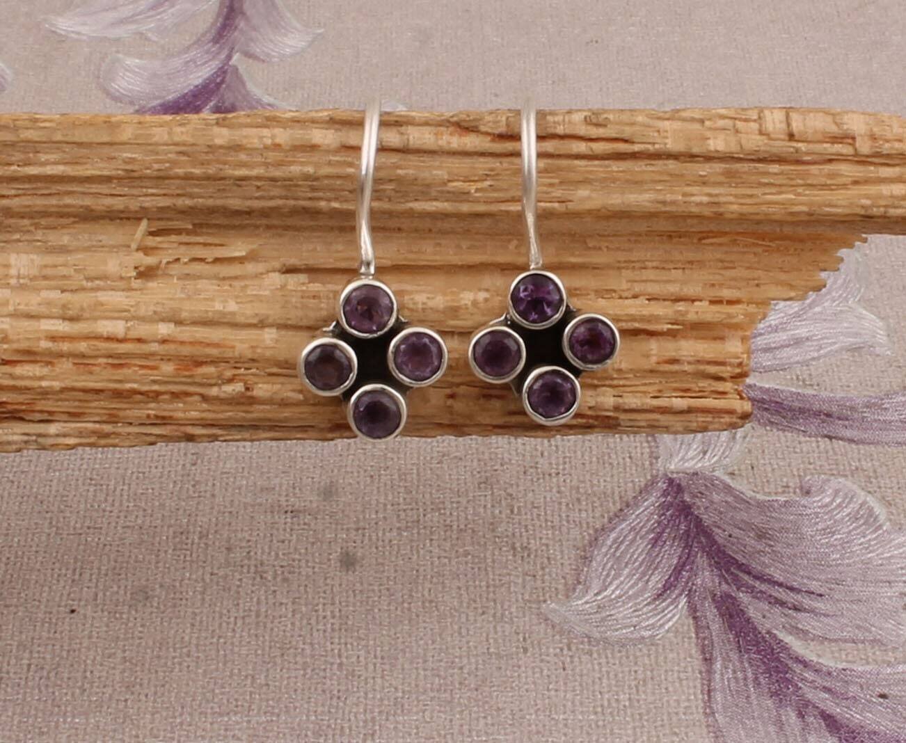 Natural Amethyst Gemstone Earring,Cut Four Stone Earring 925-Sterling Silver Earring, February Birth Stone Earring, Women's Earring