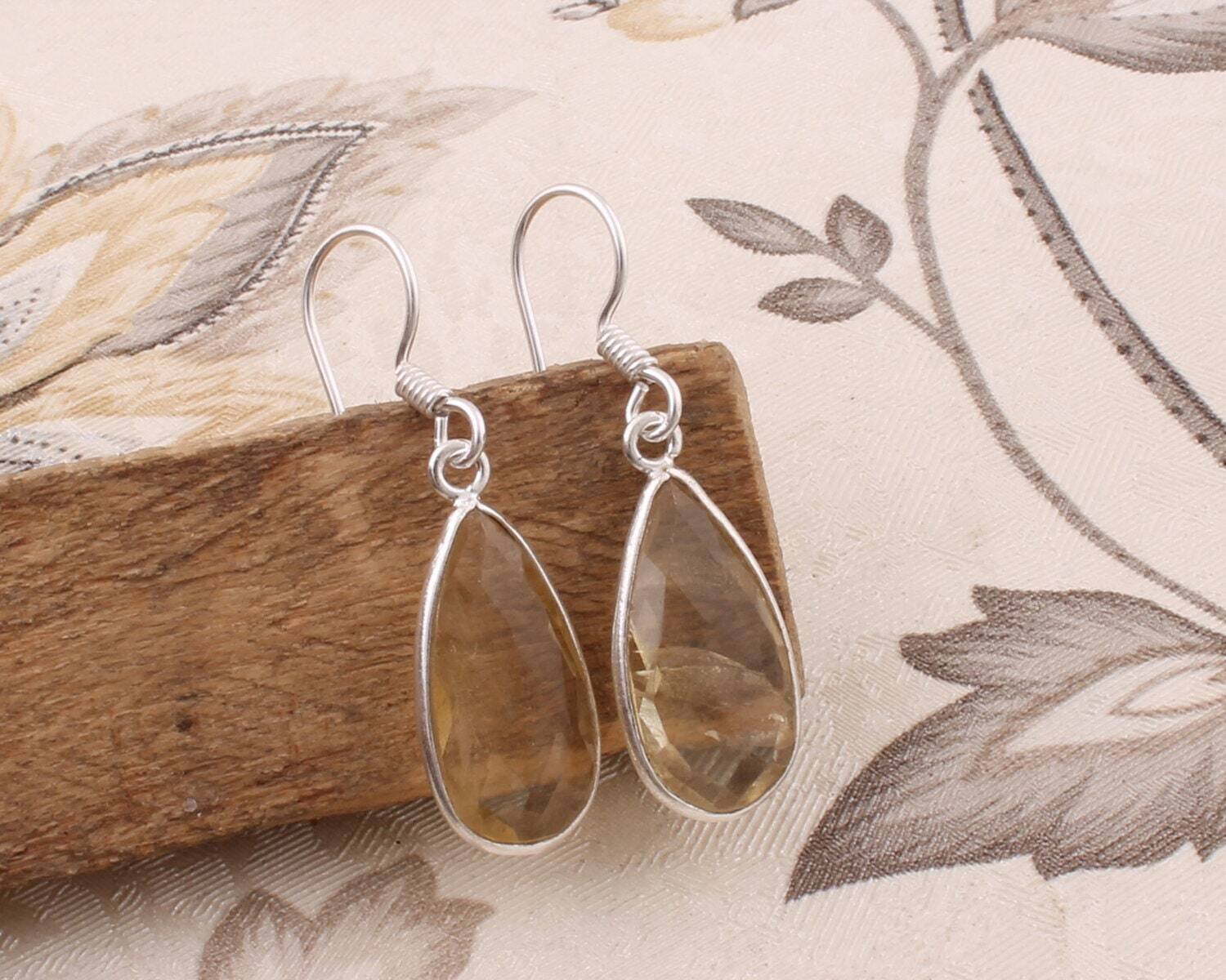 Simple Earring Gift For You ! 925 Sterling Solid Silver Earring With Natural Citrine Gemstone Earring Cut Stone Boho Earring Handcrafted