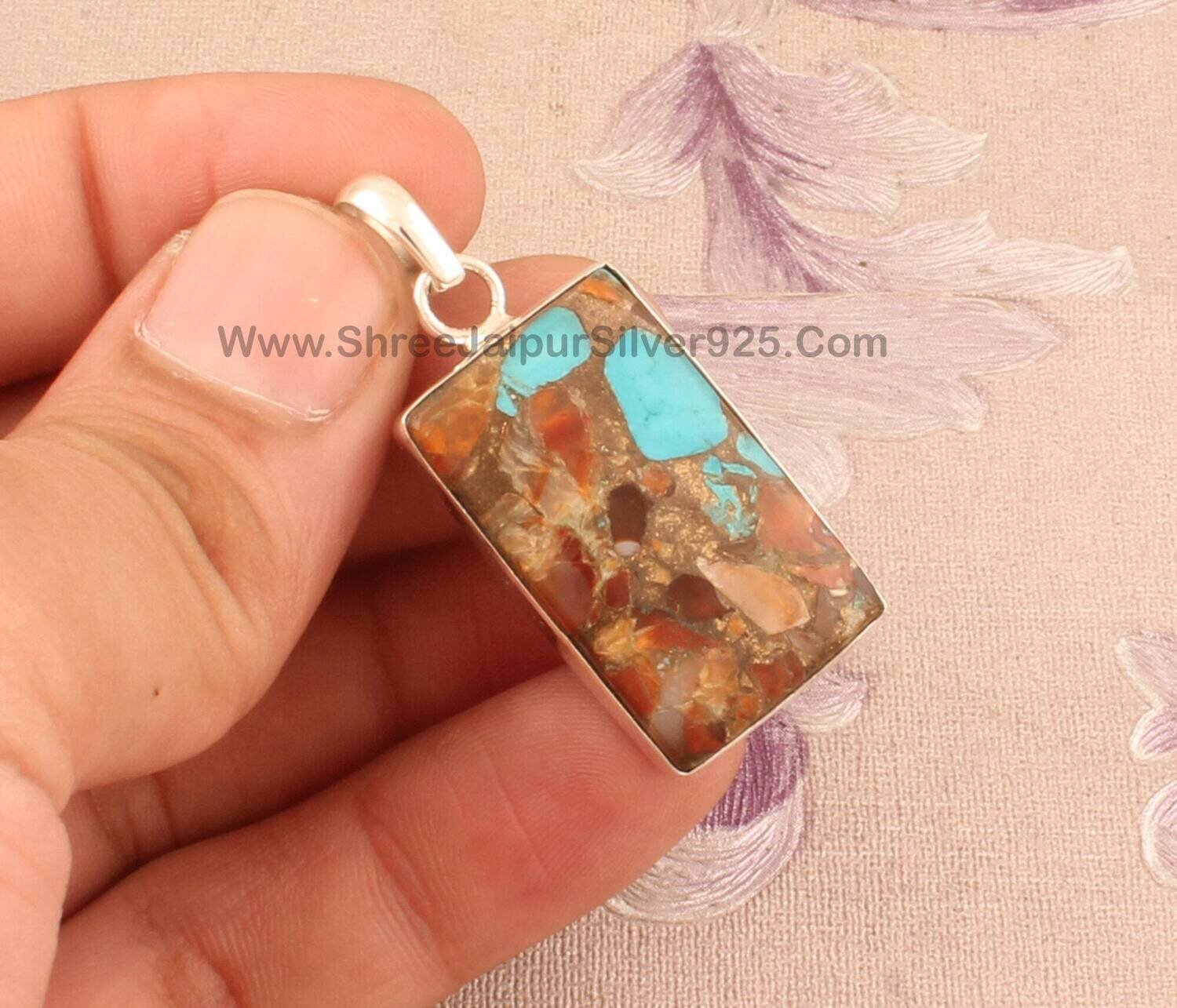 Boho Composite Turquoise Gemstone Silver Pendant,925 Sterling Silver Composite Rectangle Necklace Pendant,Turquoise Pendent Woman gift Idea