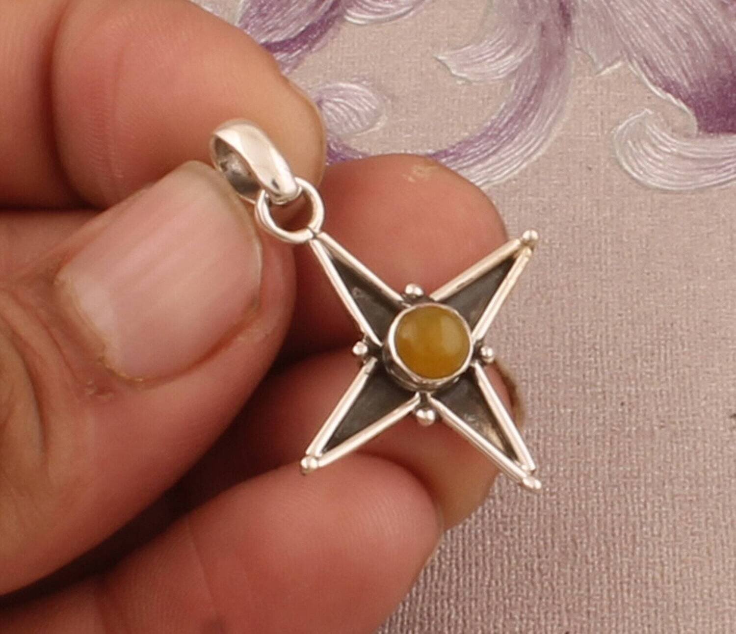 925 Sterling Silver Yellow Jade Necklace Pendant, Boho Four Pointed Star Oxidized Silver Pendant, Valentine's Day Gift Idea, Etsy Cyber 2021