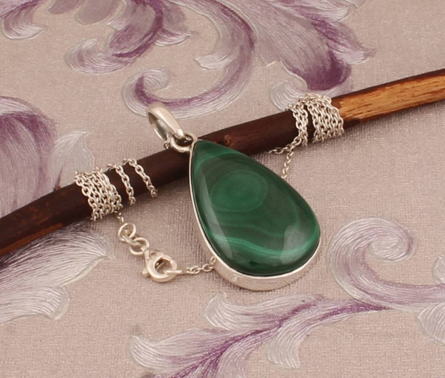 925 Sterling Silver Natural Malachite Pendant Necklace, Malachite Pear Shape Necklace, Handmade Gemstone Necklace, Women Jewelry Gift Idea