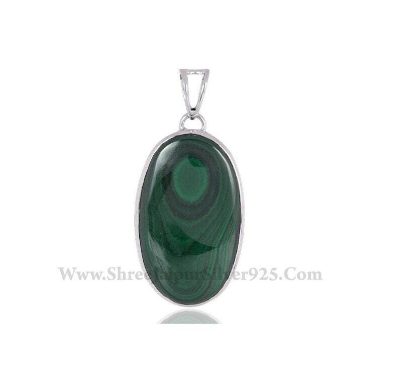 Malachite Natural Gemstone Pendant, 925 Sterling Solid Silver Necklace Pendant, Oval Shape Stone Boho Silver Pendant, Valentine's Day Gift