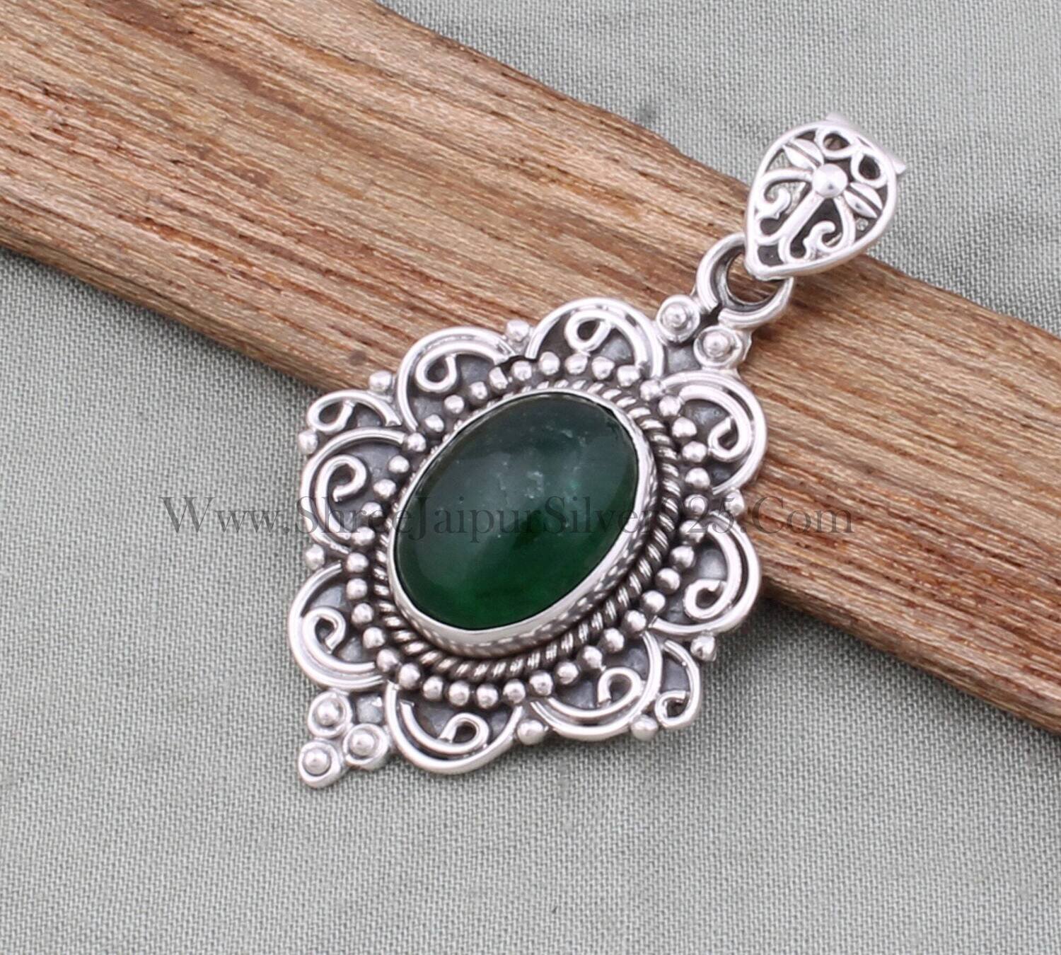 Natural Green Jade Solid 925 Sterling Silver Necklace Pendant For Women, Handmade Engraved Silver Oval Pendant Gifts For Her Anniversary