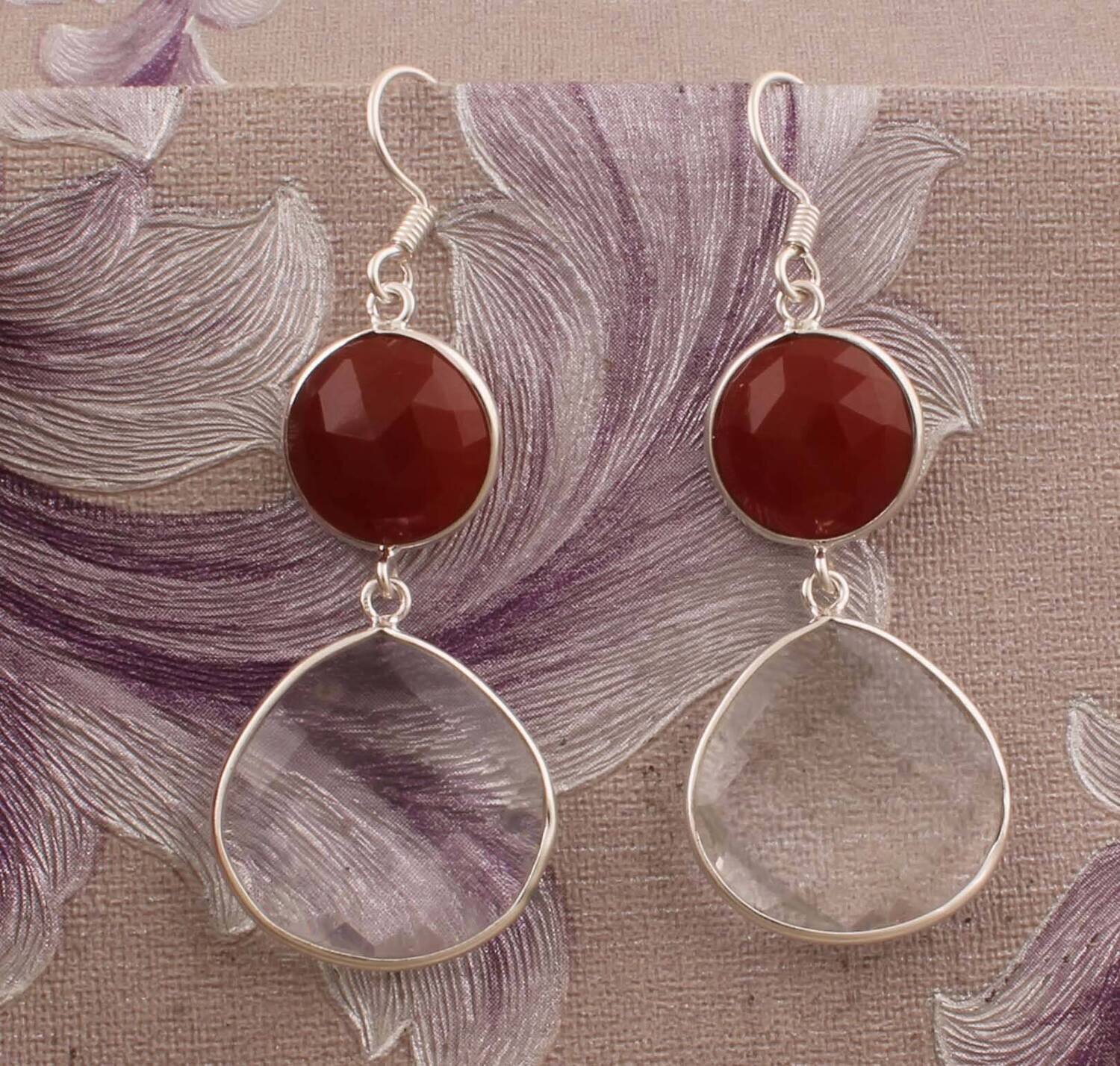 Combo Gemstone Earring Red Onyx+Crystal Gemstone Earring 925-Sterling Silver Earring Big Size Two Stone Earring Long Gift EarringCyber2021