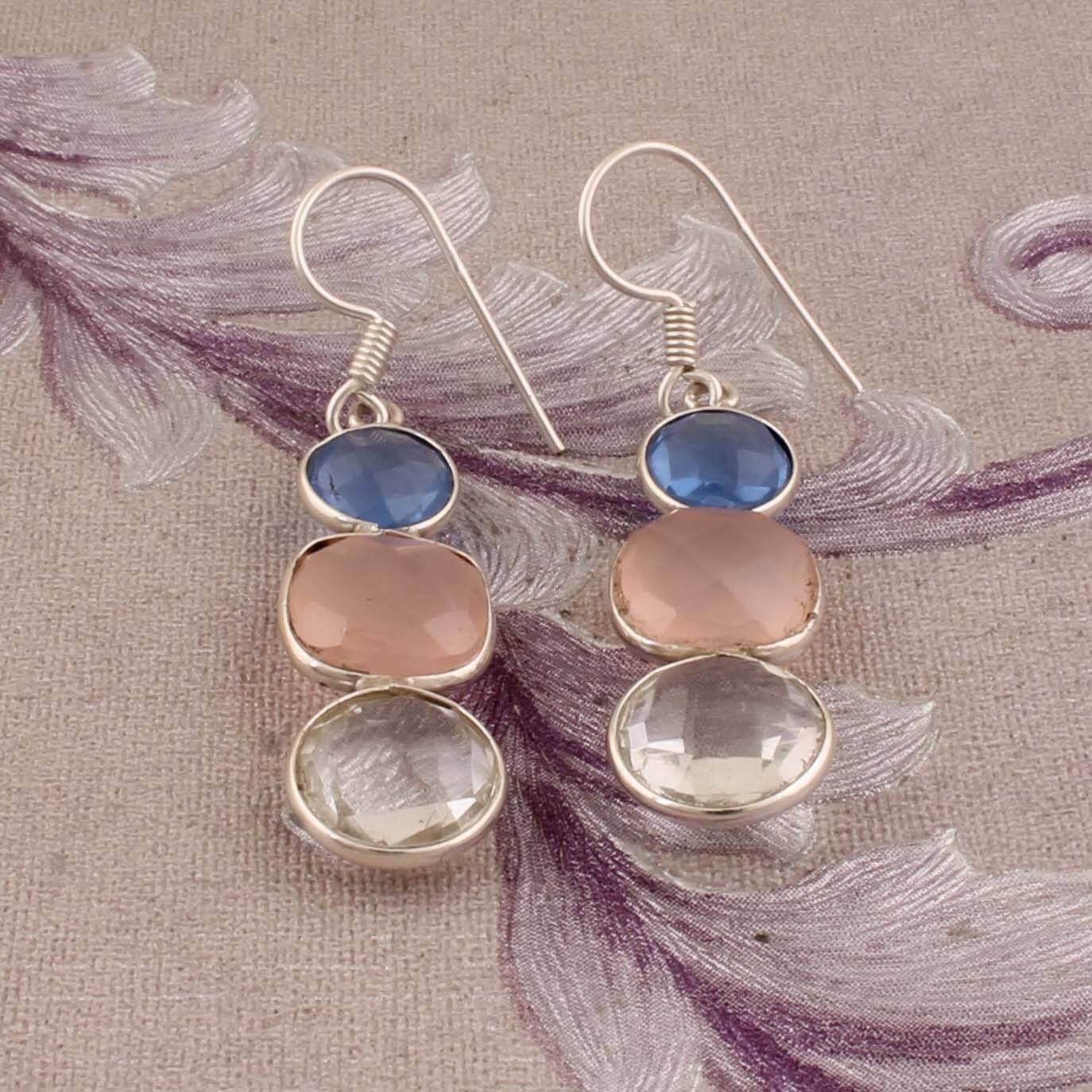 Combo Gemstone Earring Blue Glass+Rose Quartz+Crystal Stone Earring 925-Sterling Solid Silver Earring,Three Stone Earring Long Earring