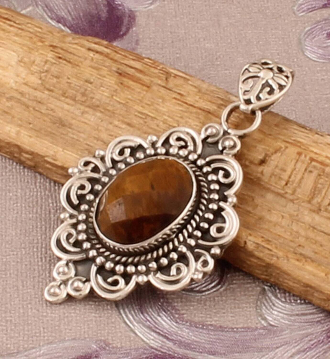 Tiger Eye Pendant, 925 Sterling Silver Oval Shape Gemstone Pendant, Designer Spiral Silver Pendant, Handcrafted Pendant, Christmas Gift Idea