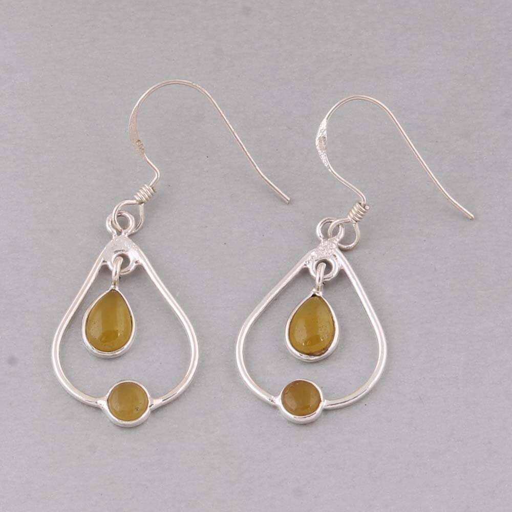 Natural Yellow Jade Gemstone Handcrafted Earring Cabochon Stone Boho Earring 925-Antique Silver Earring Etsy Cyber Valentine's Day Gift