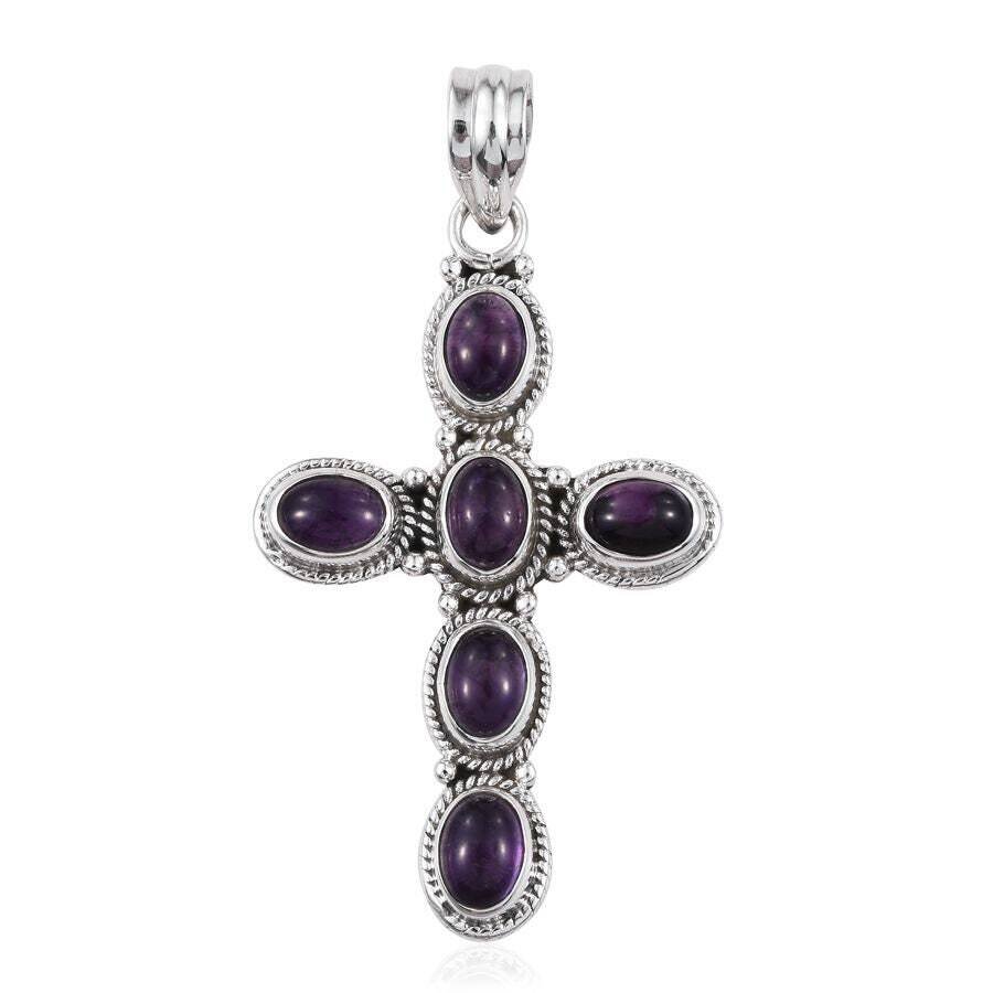 925 Sterling Silver Natural Amethyst Handmade Gemstone Pendant For Women Purple Oval Cross Pendant February Birthstone Jewelry Birthday Gift
