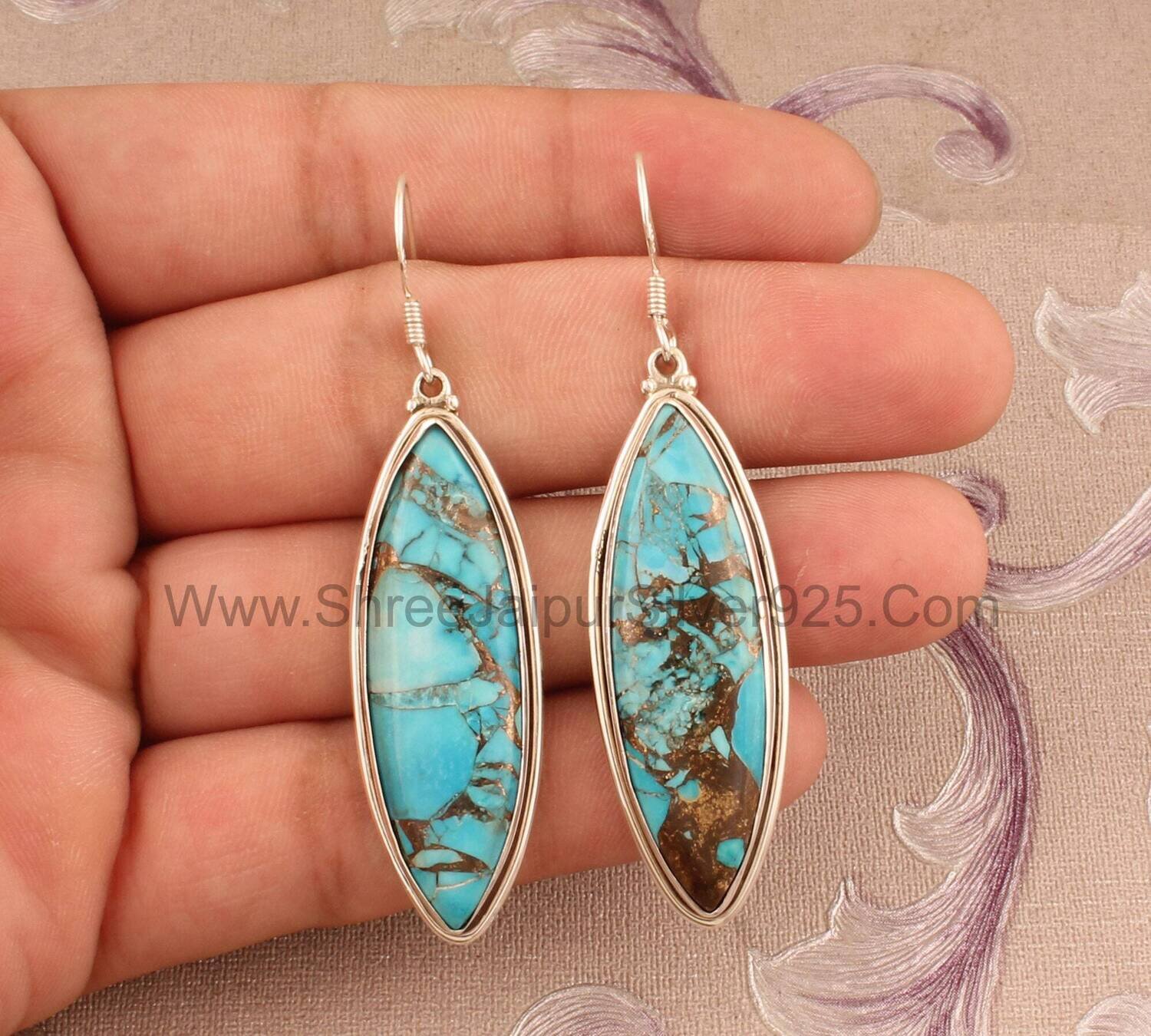 Blue Copper Turquoise Marquise Stone Solid 925 Sterling Silver Earrings For Women, Handmade Silver Earrings For Wedding Anniversary Gift